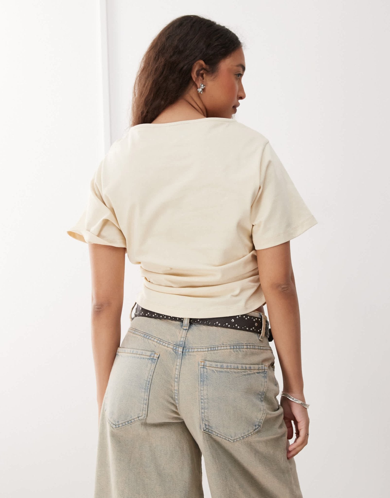Reclaimed Vintage slash neck cinched waist t-shirt with ruching in butter yellow - ASOS Sample Sale