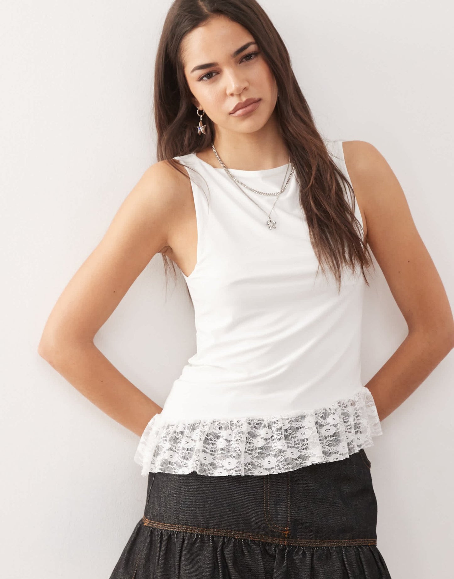Reclaimed Vintage slash neck top with lace detail asymmetric hem in cream - ASOS Sample Sale