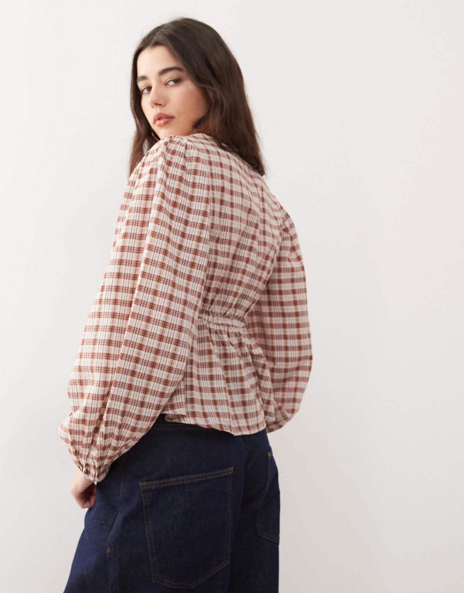 Reclaimed Vintage smock top with ruching detail in brown check - ASOS Sample Sale