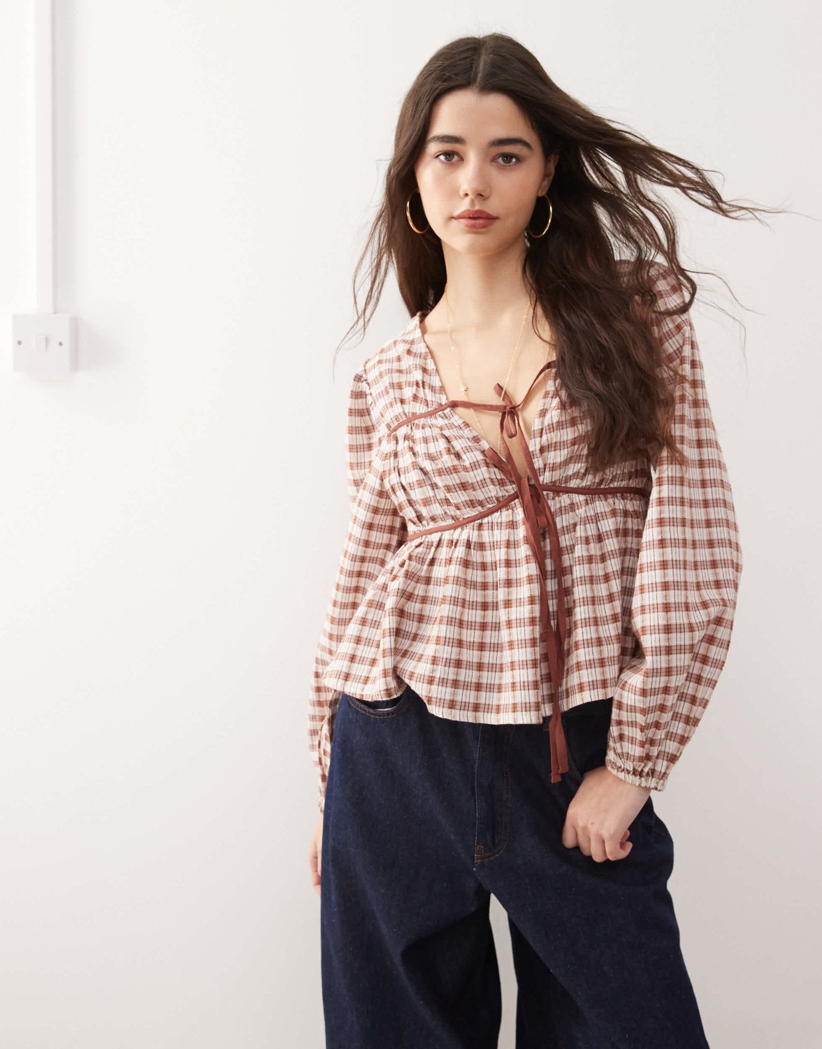 Reclaimed Vintage smock top with ruching detail in brown check - ASOS Sample Sale