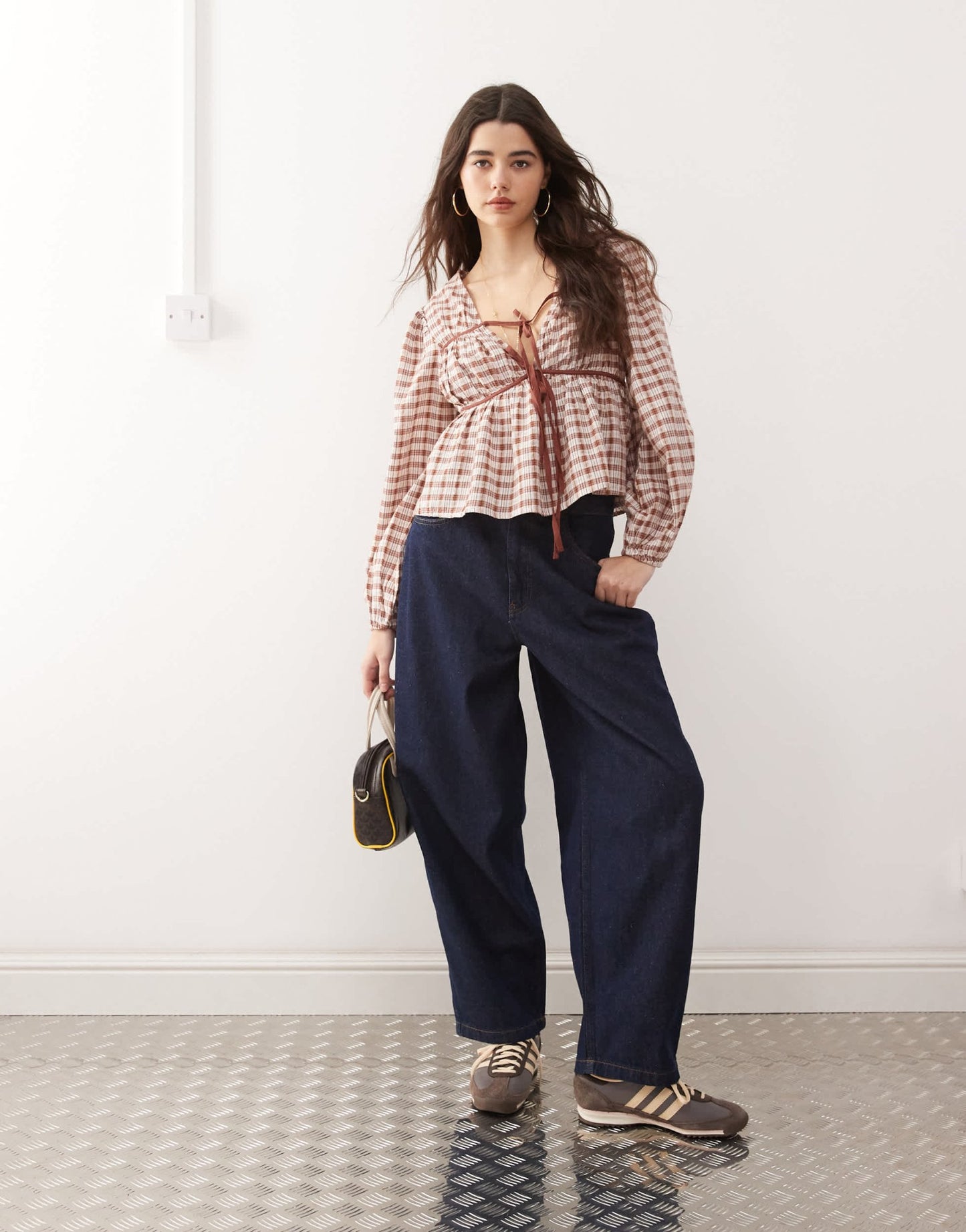 Reclaimed Vintage smock top with ruching detail in brown check - ASOS Sample Sale