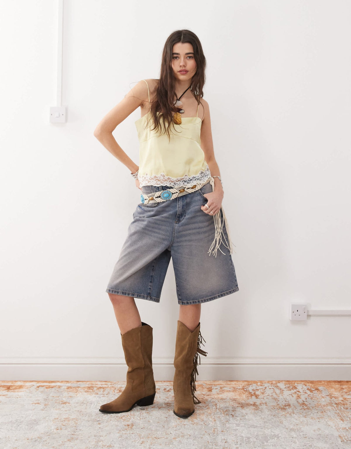Reclaimed Vintage square neck cami top with lace in butter yellow - ASOS Sample Sale