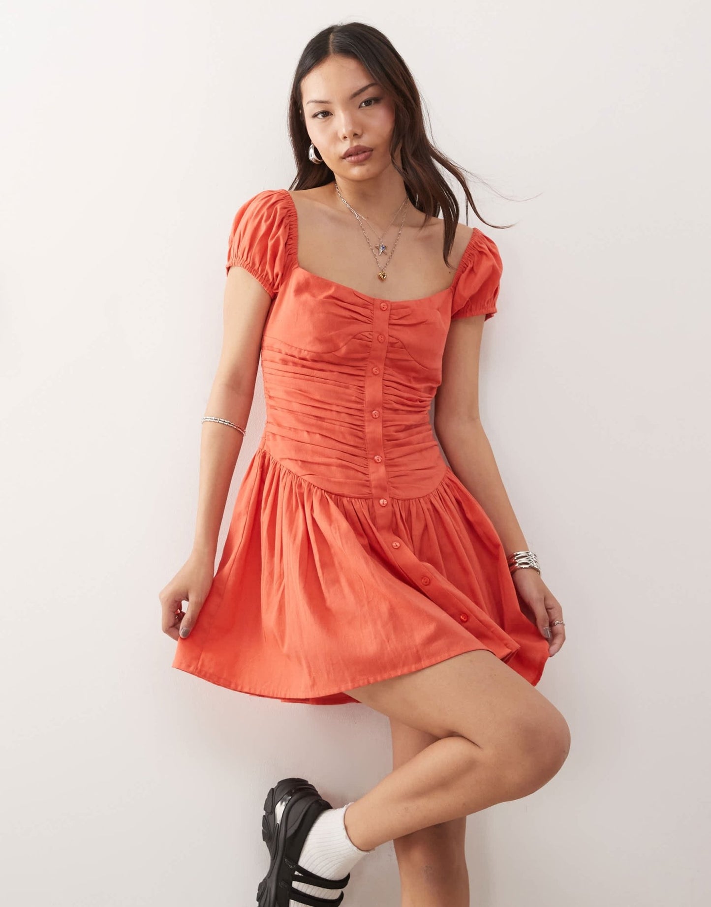 Reclaimed Vintage square neck dropped waist mini sun dress in tangerine red - ASOS Sample Sale