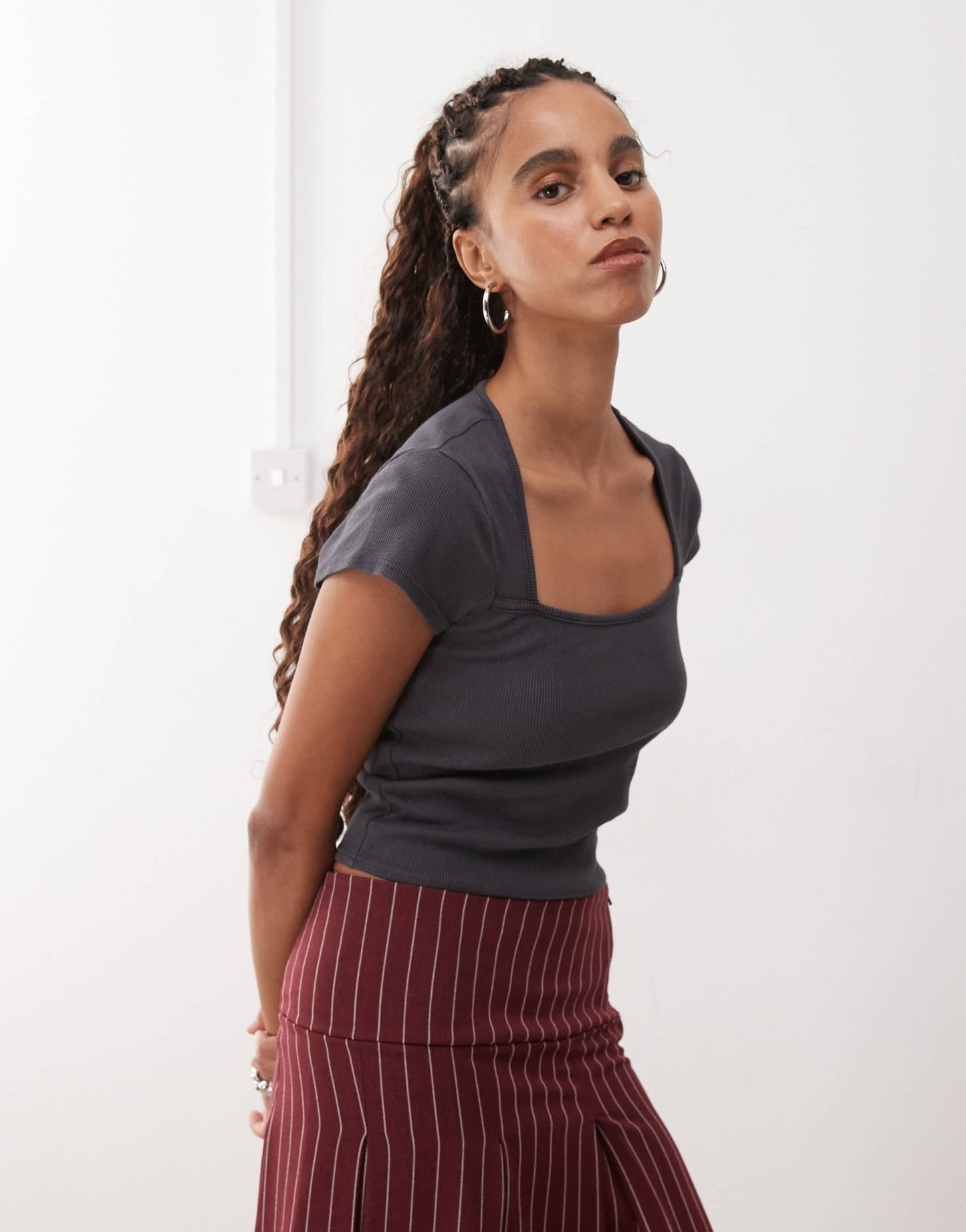 Reclaimed Vintage square neck fitted t-shirt in black - ASOS Sample Sale