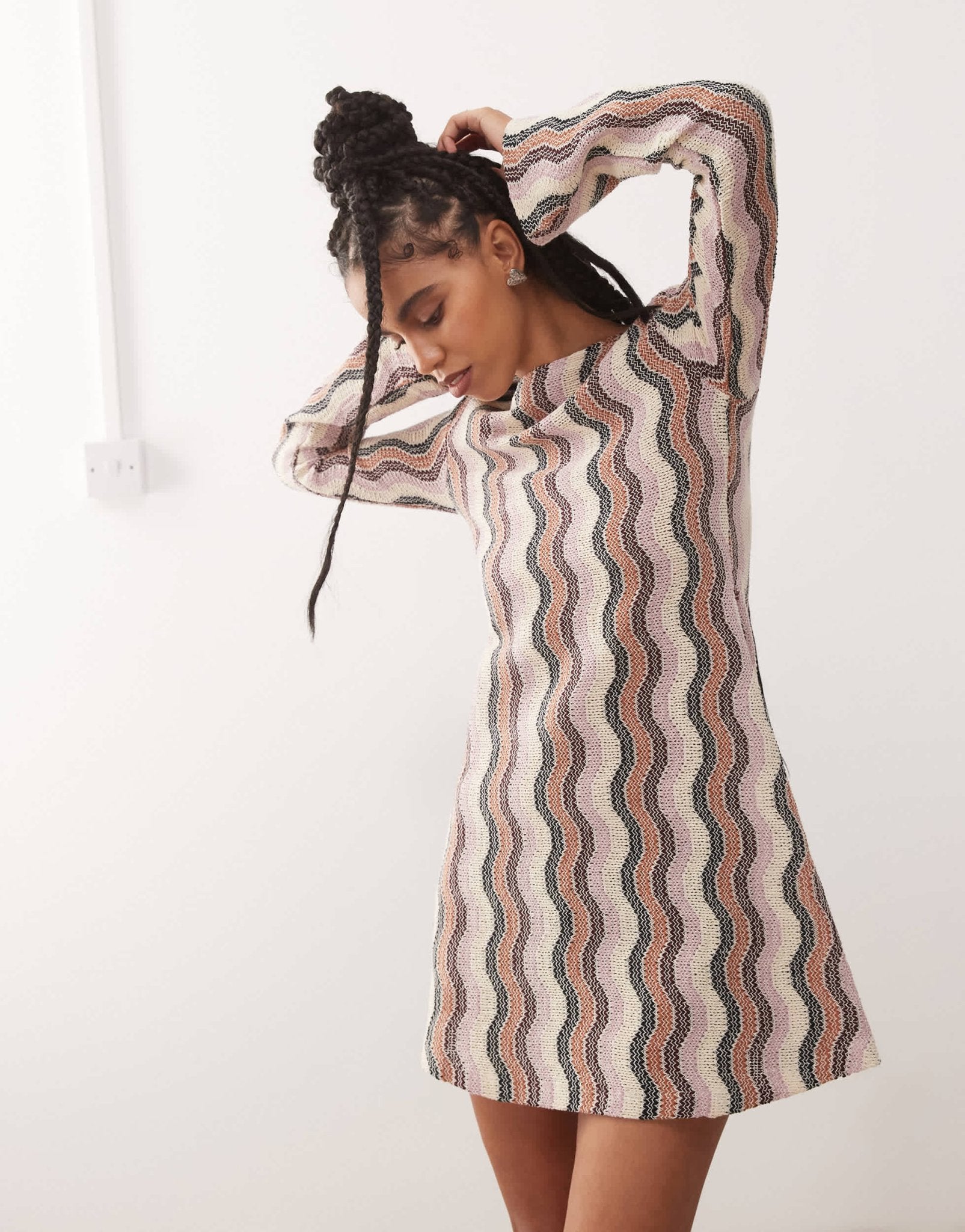 Reclaimed Vintage stripe crochet flare sleeve festival mini dress in multi stripe - ASOS Sample Sale