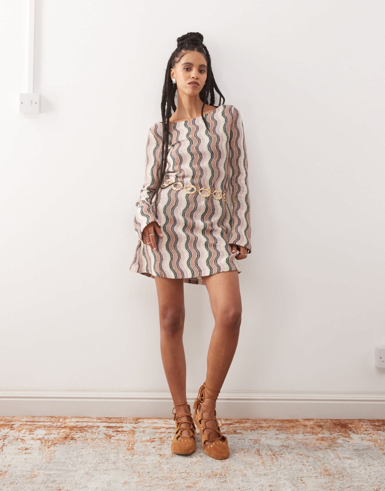 Reclaimed Vintage stripe crochet flare sleeve festival mini dress in multi stripe - ASOS Sample Sale