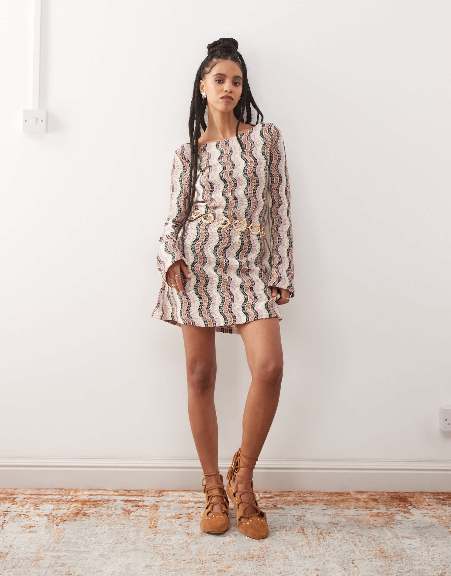 Reclaimed Vintage stripe crochet flare sleeve festival mini dress in multi stripe - ASOS Sample Sale
