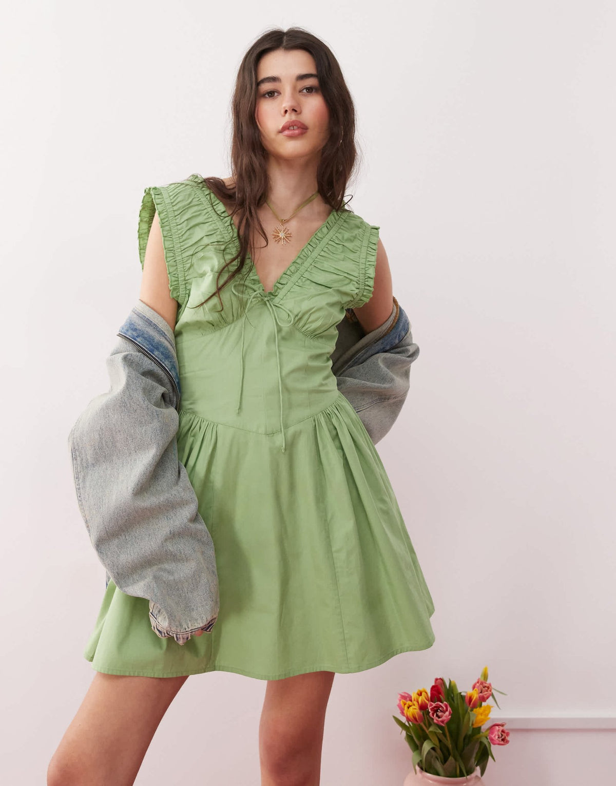 Reclaimed Vintage summer dress with ruched detailing and cinched in waist in green - ASOS Sample Sale