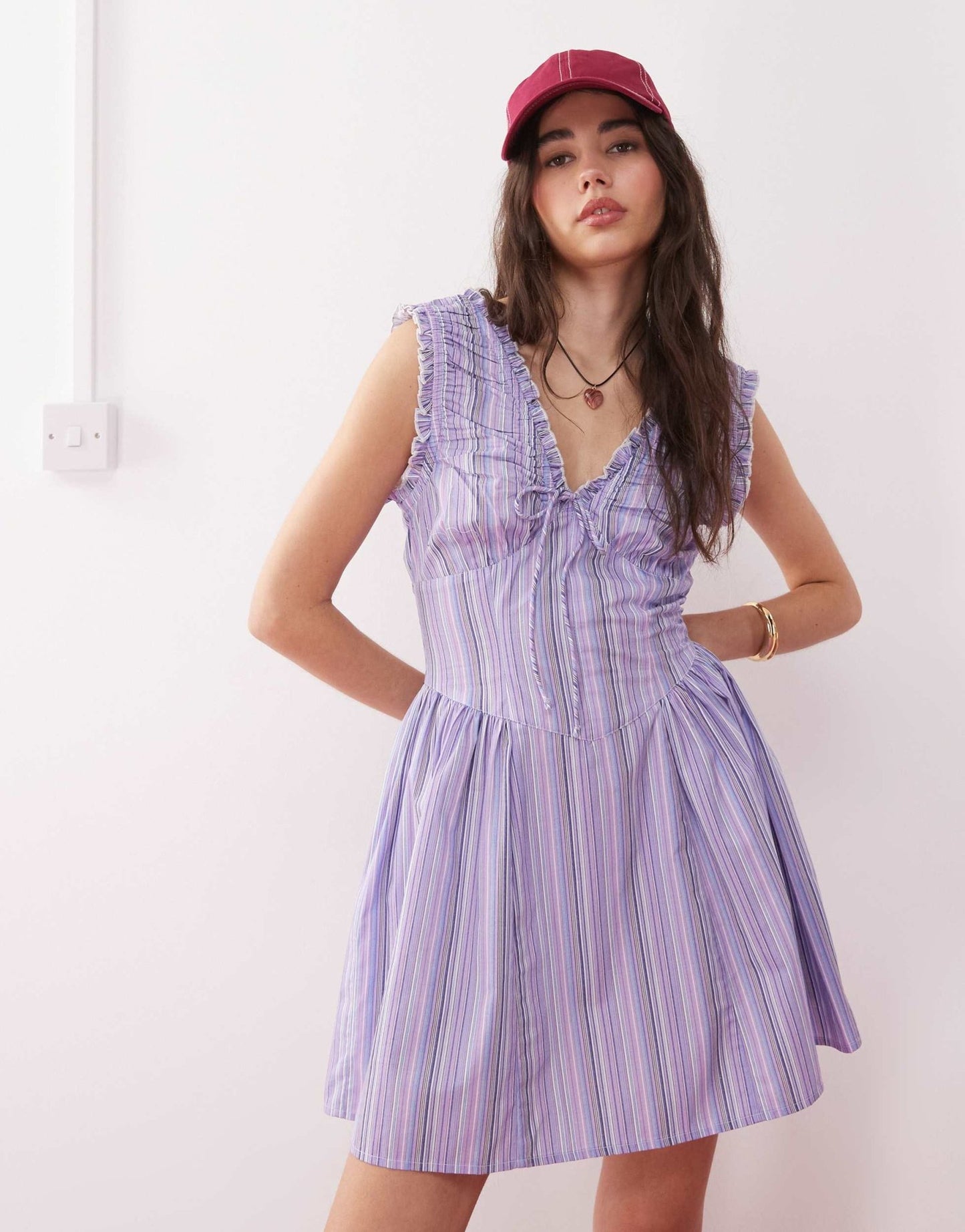 Reclaimed Vintage sun dress with ruched detailing in purple candy stripe - ASOS Sample Sale