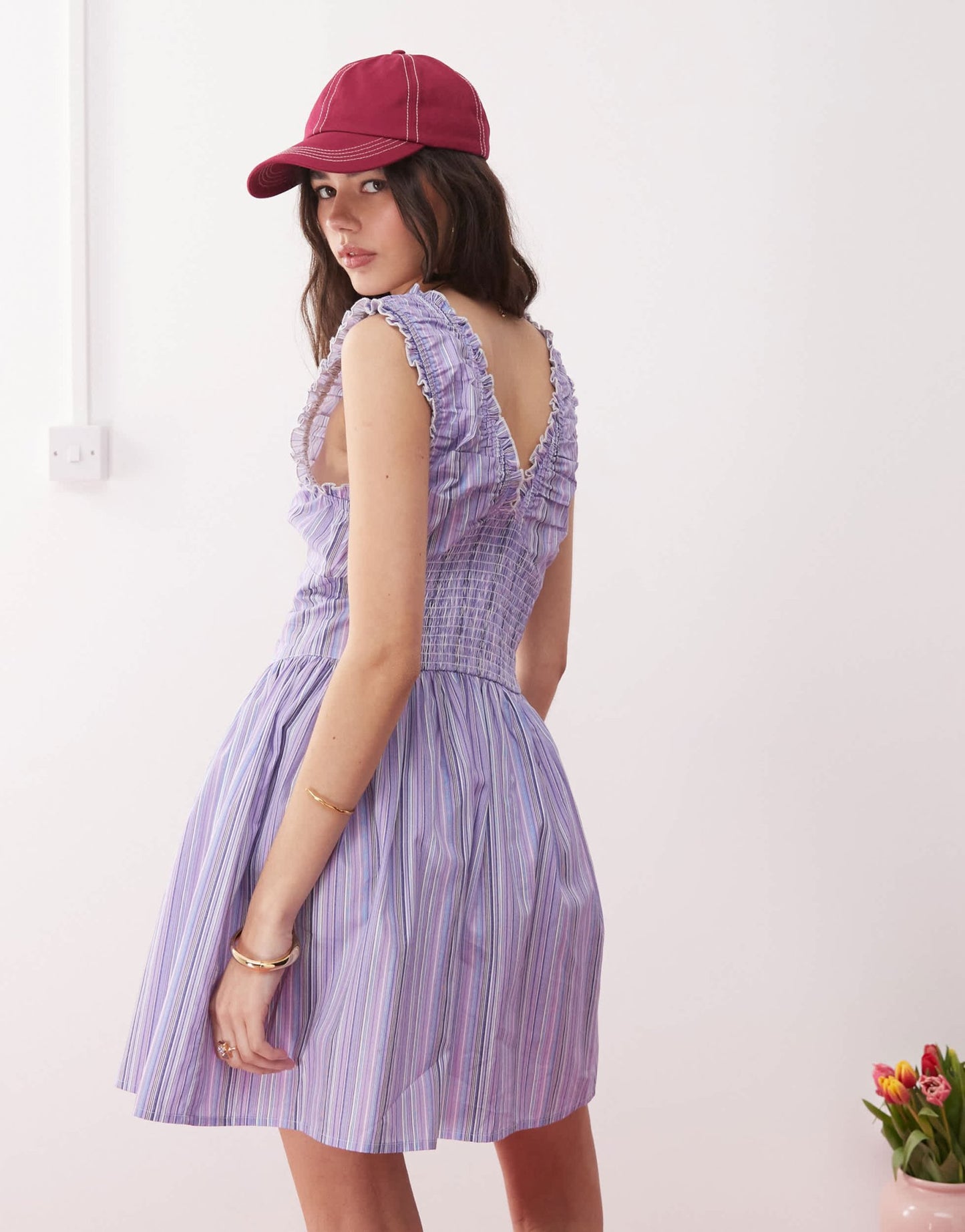 Reclaimed Vintage sun dress with ruched detailing in purple candy stripe - ASOS Sample Sale
