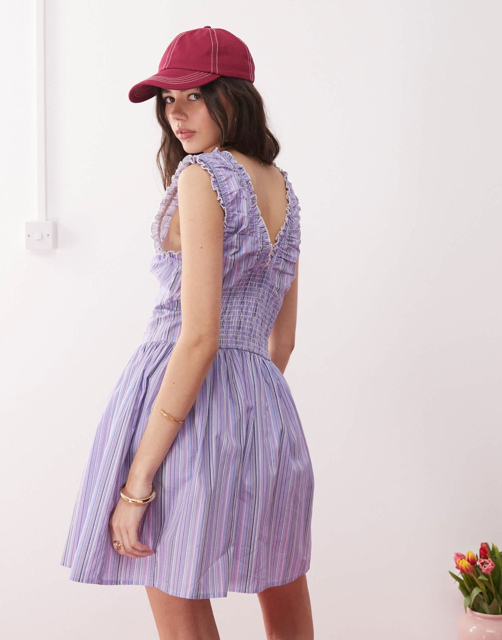 Reclaimed Vintage sun dress with ruched detailing in purple candy stripe - ASOS Sample Sale