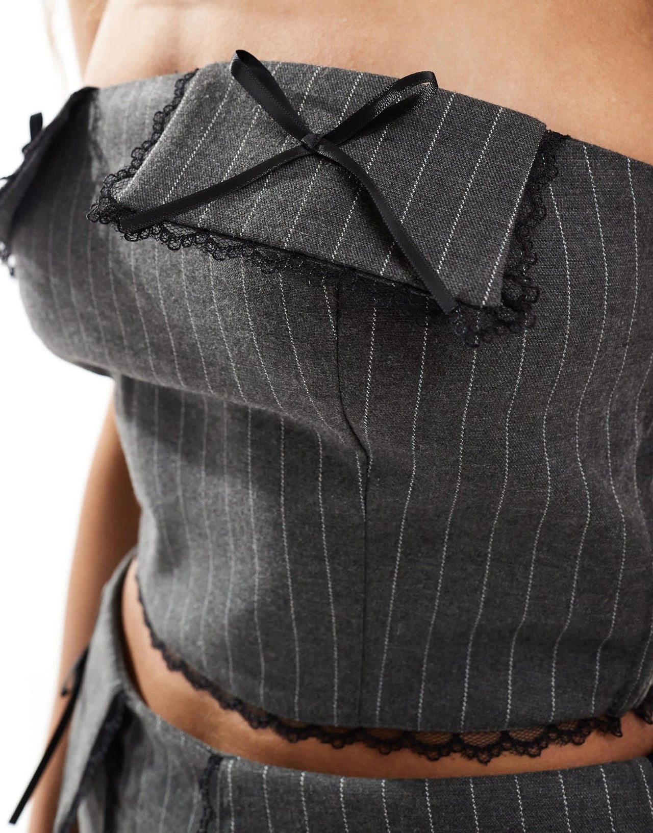 Reclaimed Vintage tailored bandeu top in grey pinstripe with lace and bows - ASOS Sample Sale
