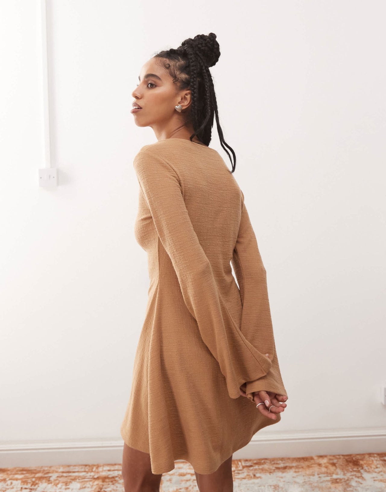 Reclaimed Vintage textured jersey flare sleeve boho mini dress in mocha brown - ASOS Sample Sale