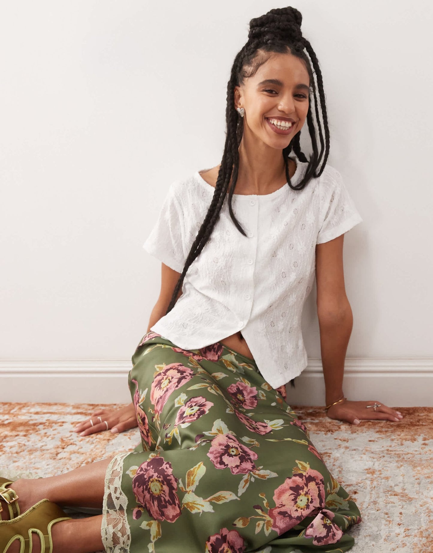 Reclaimed Vintage textured jersey split front short sleeve top in white - ASOS Sample Sale