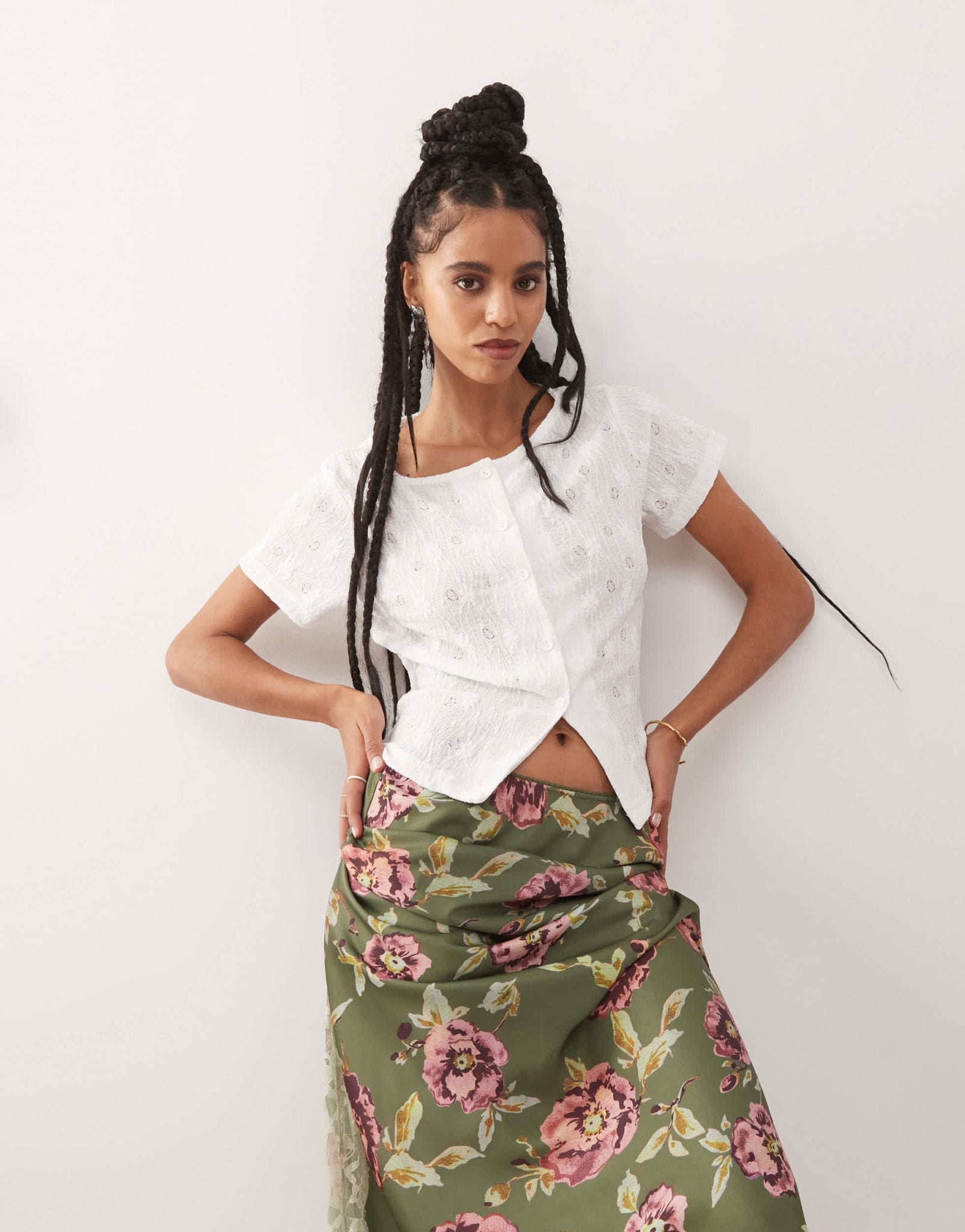 Reclaimed Vintage textured jersey split front short sleeve top in white - ASOS Sample Sale