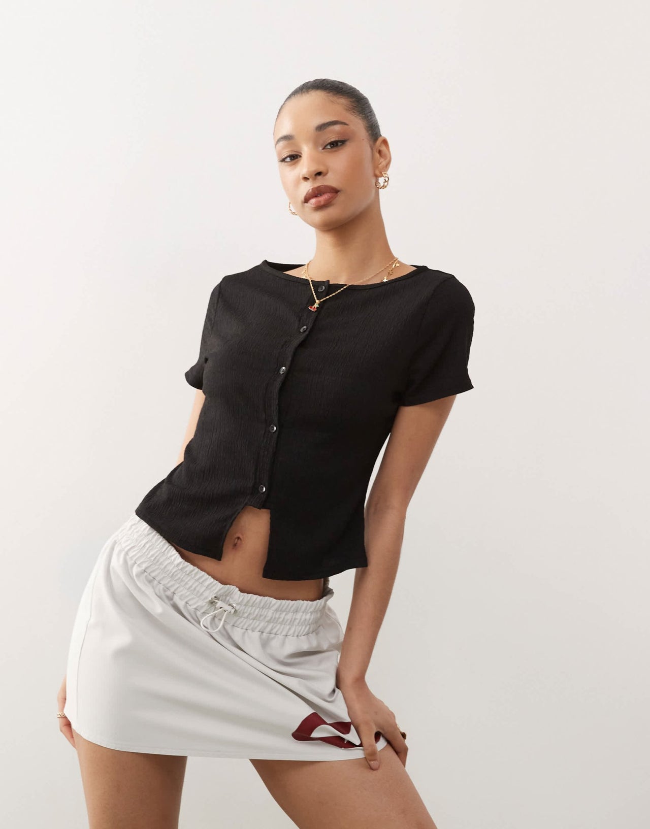 Reclaimed Vintage textured slash neck button through top in black - ASOS Sample Sale