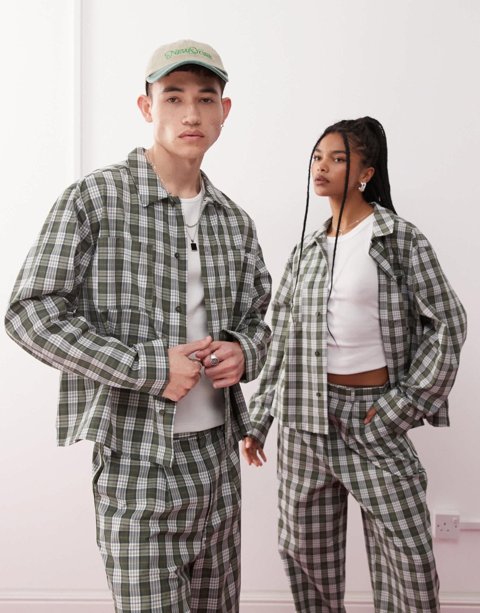 Reclaimed Vintage unisex boxy shirt co-ord with embroidery in green check - ASOS Sample Sale