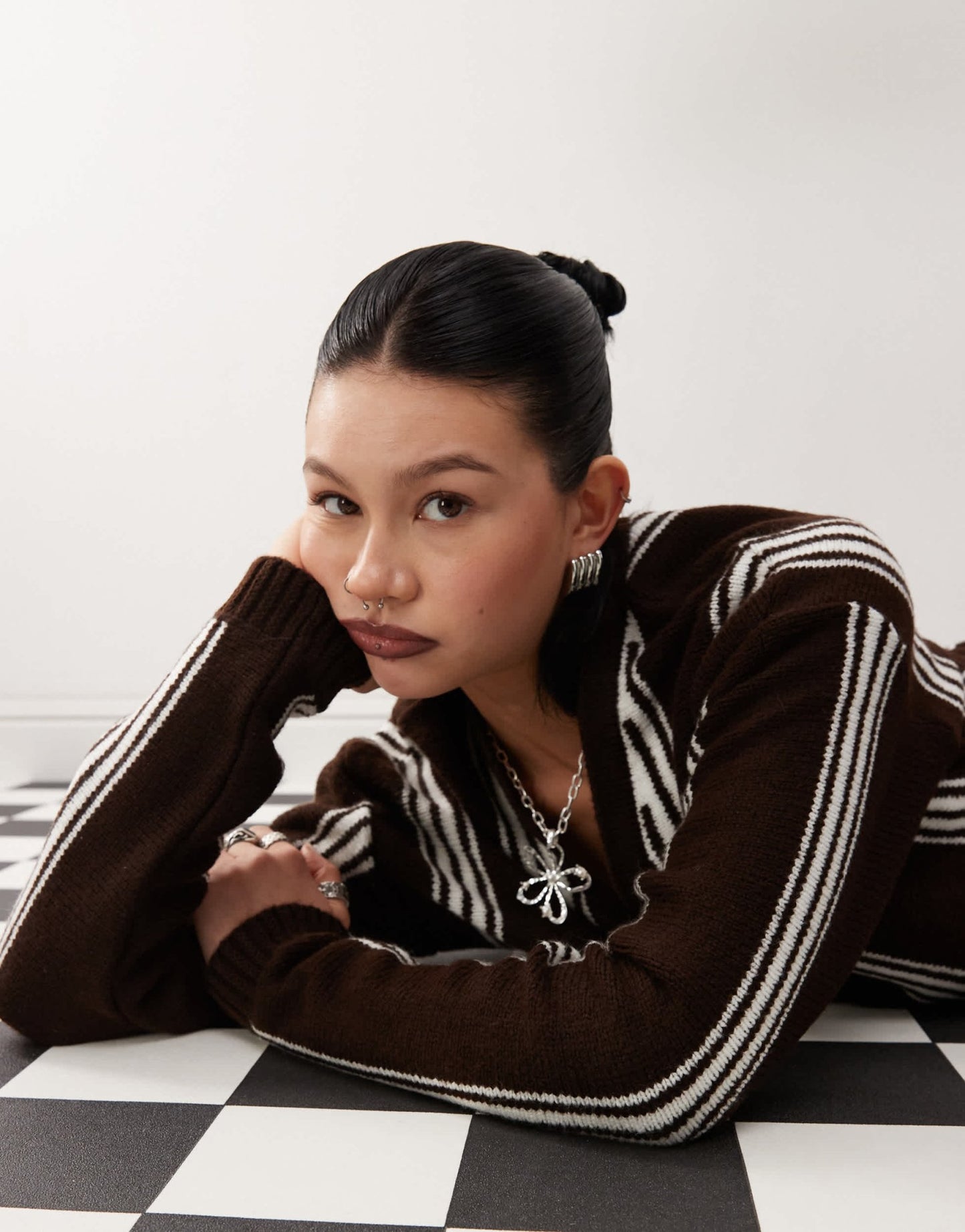 Reclaimed Vintage unisex knitted stripe relaxed fit cardigan in chocolate - ASOS Sample Sale
