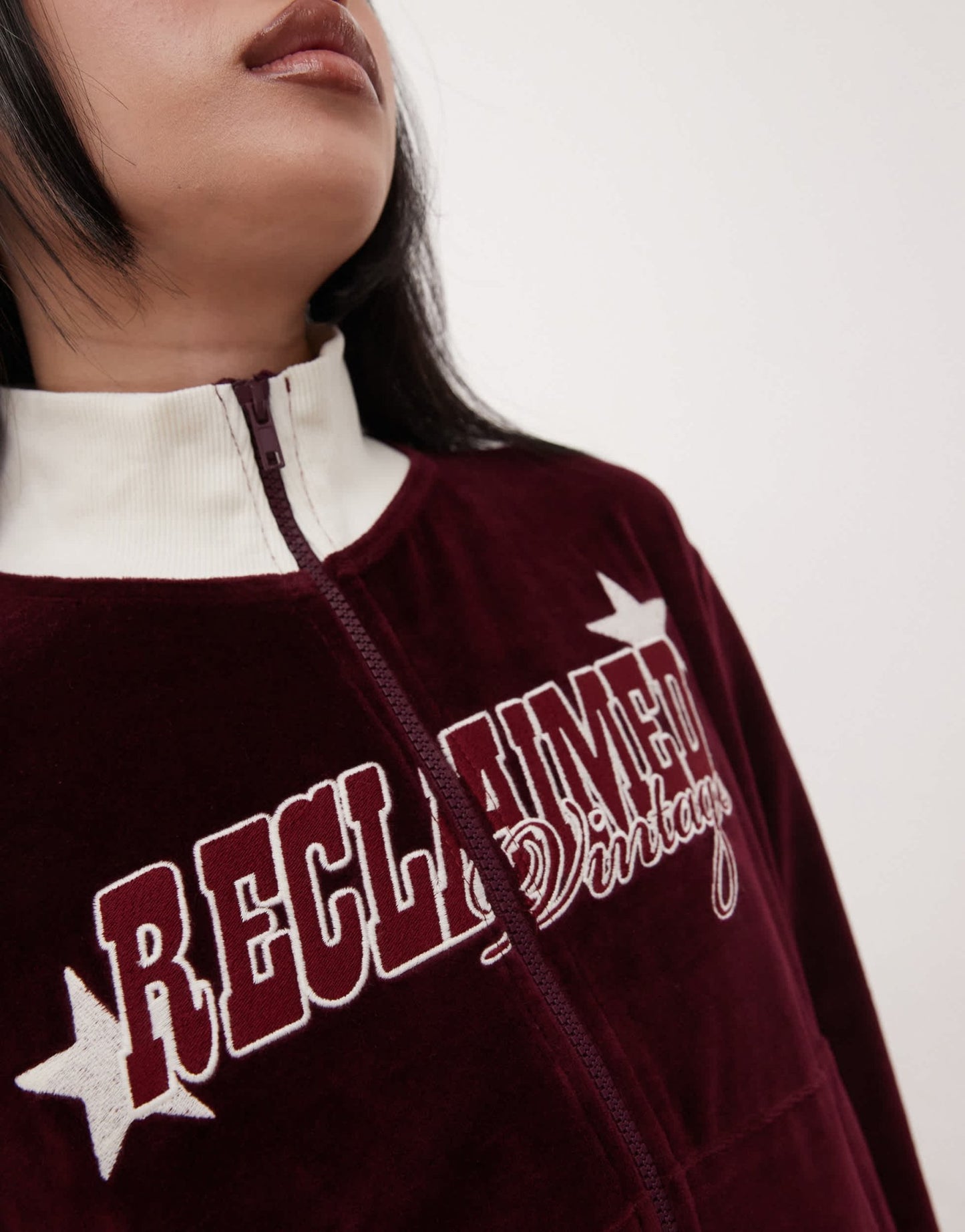 Reclaimed Vintage velour zip up track jacket in burgundy - ASOS Sample Sale