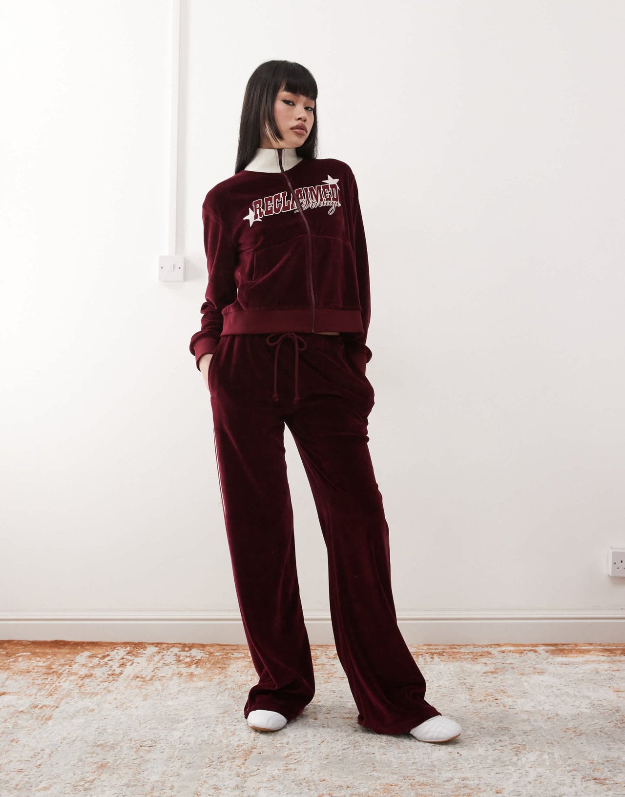 Reclaimed Vintage velour zip up track jacket in burgundy - ASOS Sample Sale