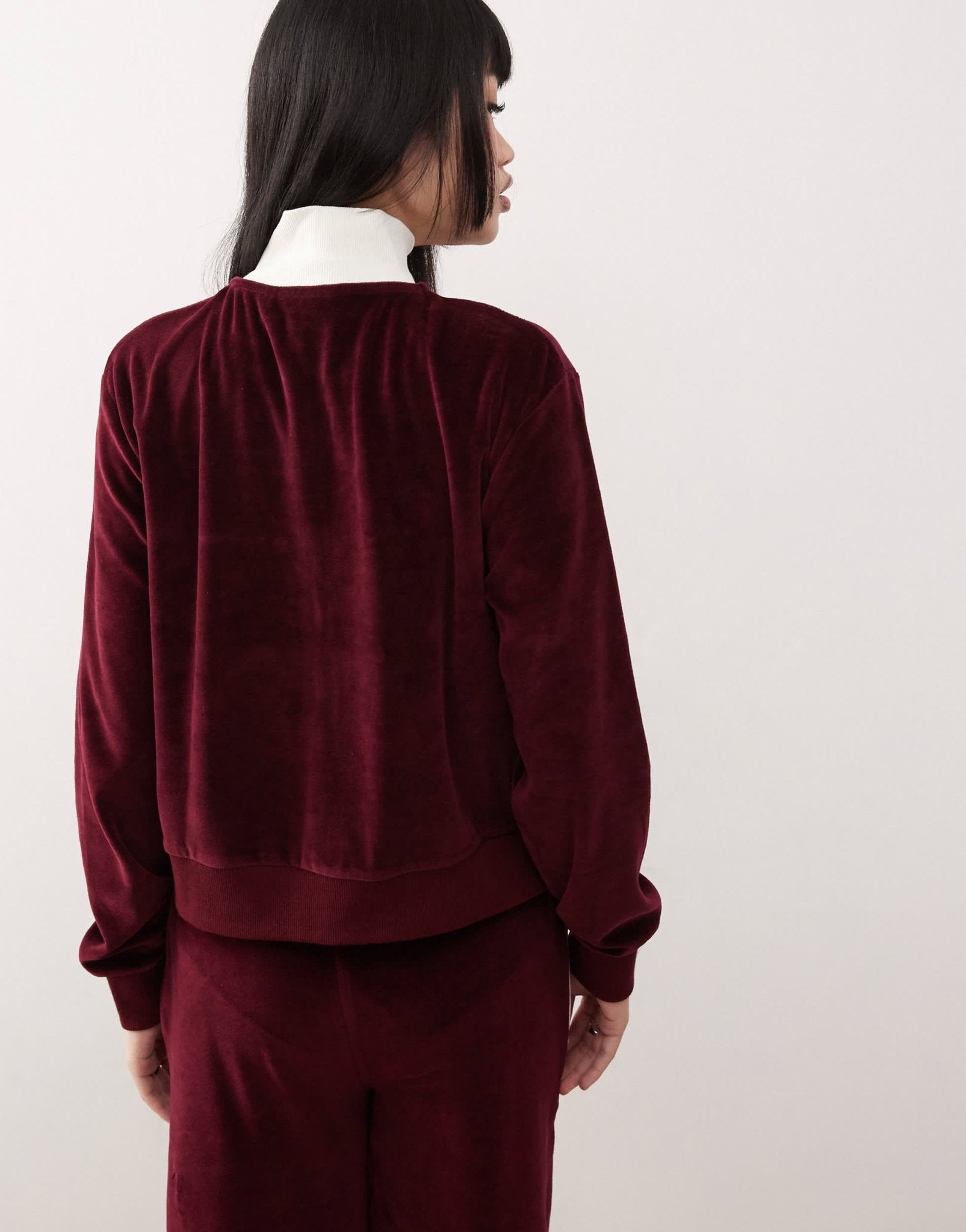 Reclaimed Vintage velour zip up track jacket in burgundy - ASOS Sample Sale
