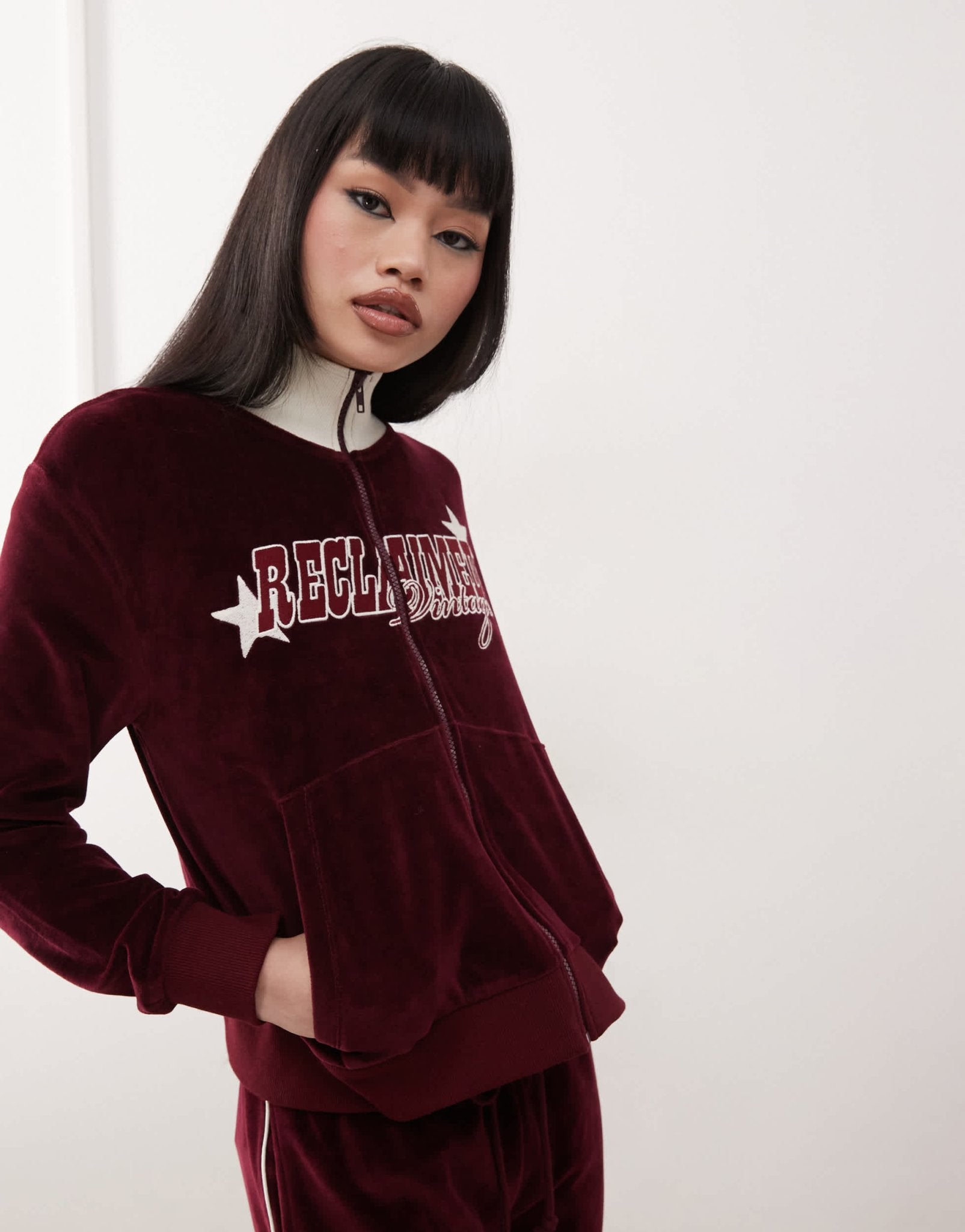Reclaimed Vintage velour zip up track jacket in burgundy - ASOS Sample Sale