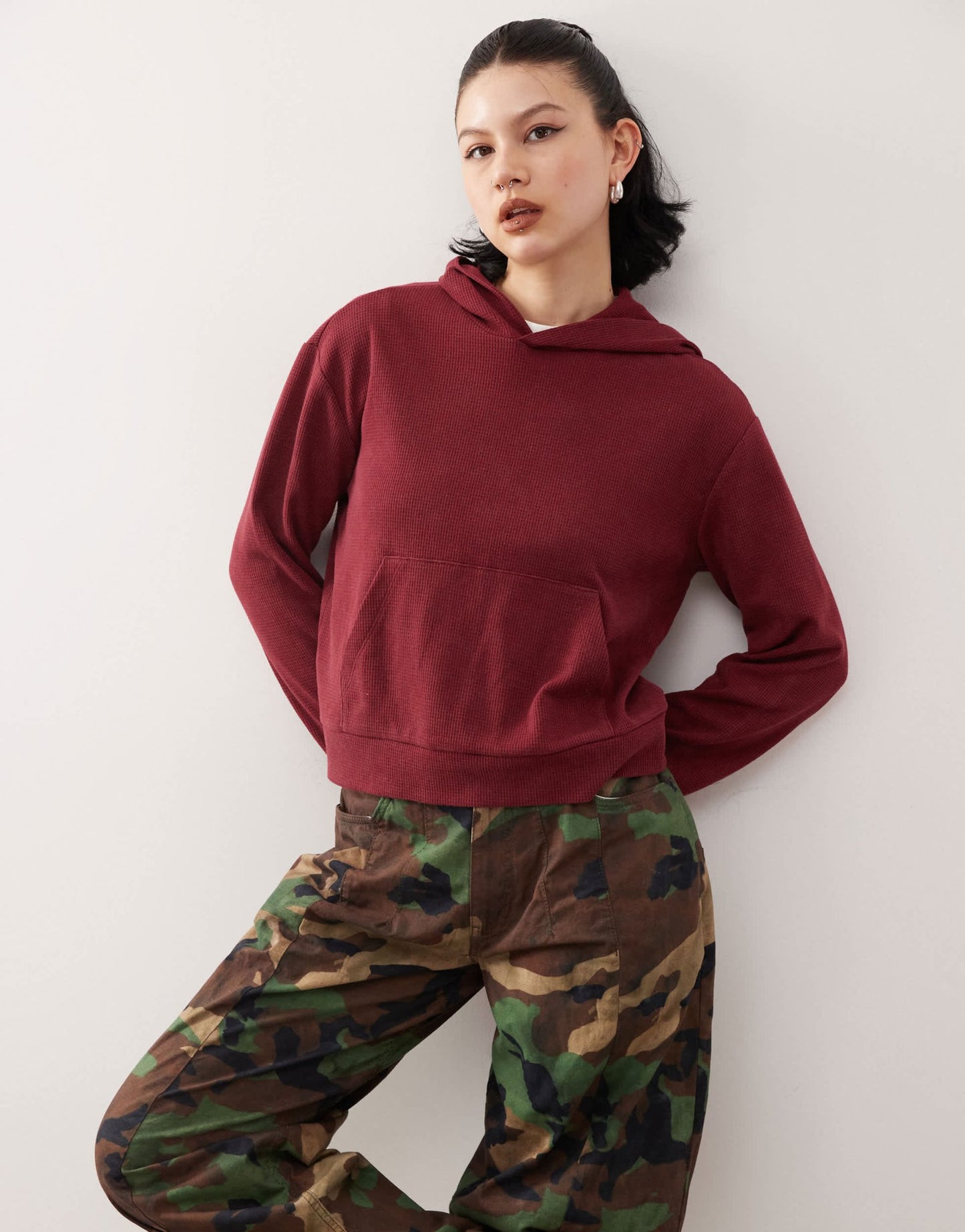 Reclaimed Vintage waffle hoodie in washed burgundy - ASOS Sample Sale