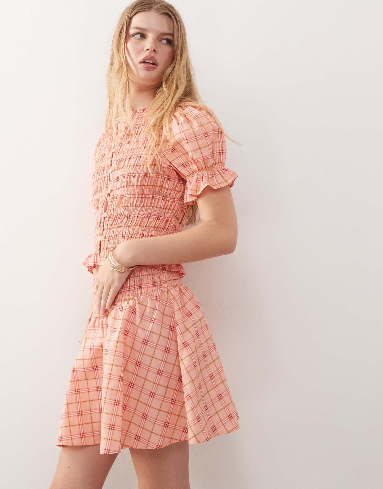 Reclaimed Vintage western mini skirt with shirring in pink check - ASOS Sample Sale