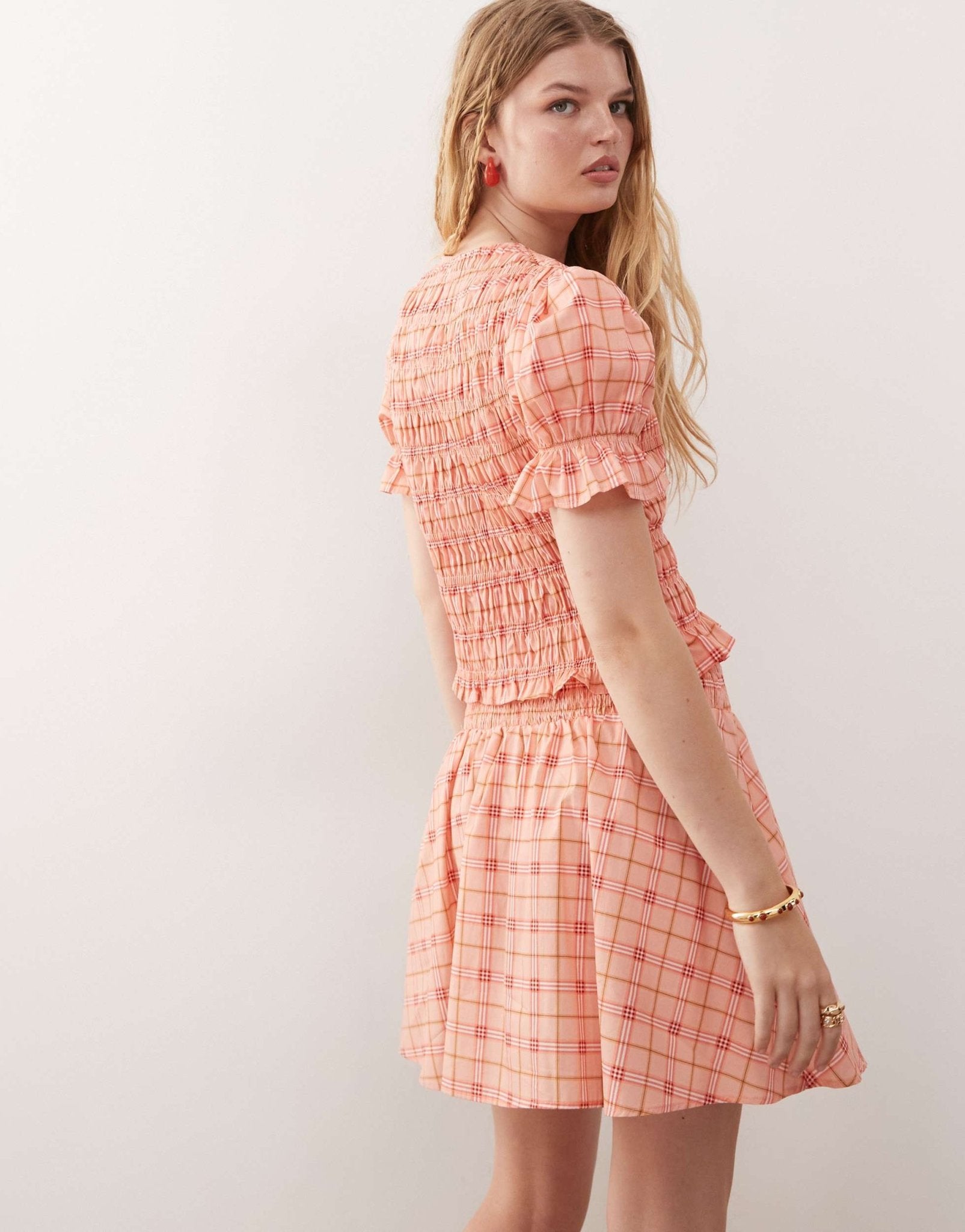 Reclaimed Vintage western mini skirt with shirring in pink check - ASOS Sample Sale