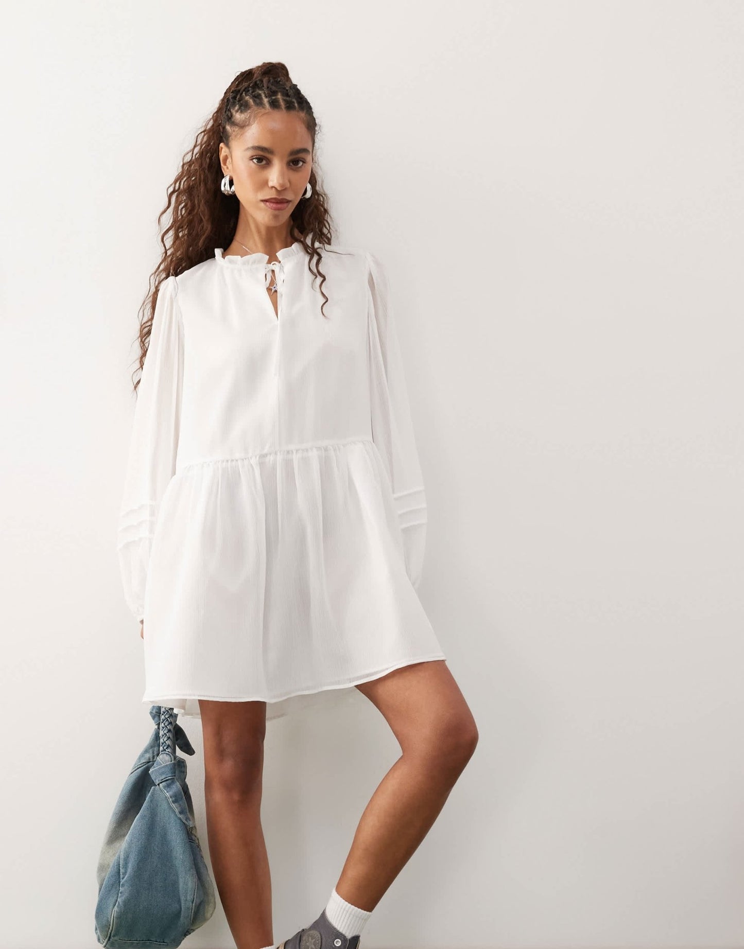 Reclaimed Vintage western mini smock dress with tie front collar in ivory - ASOS Sample Sale
