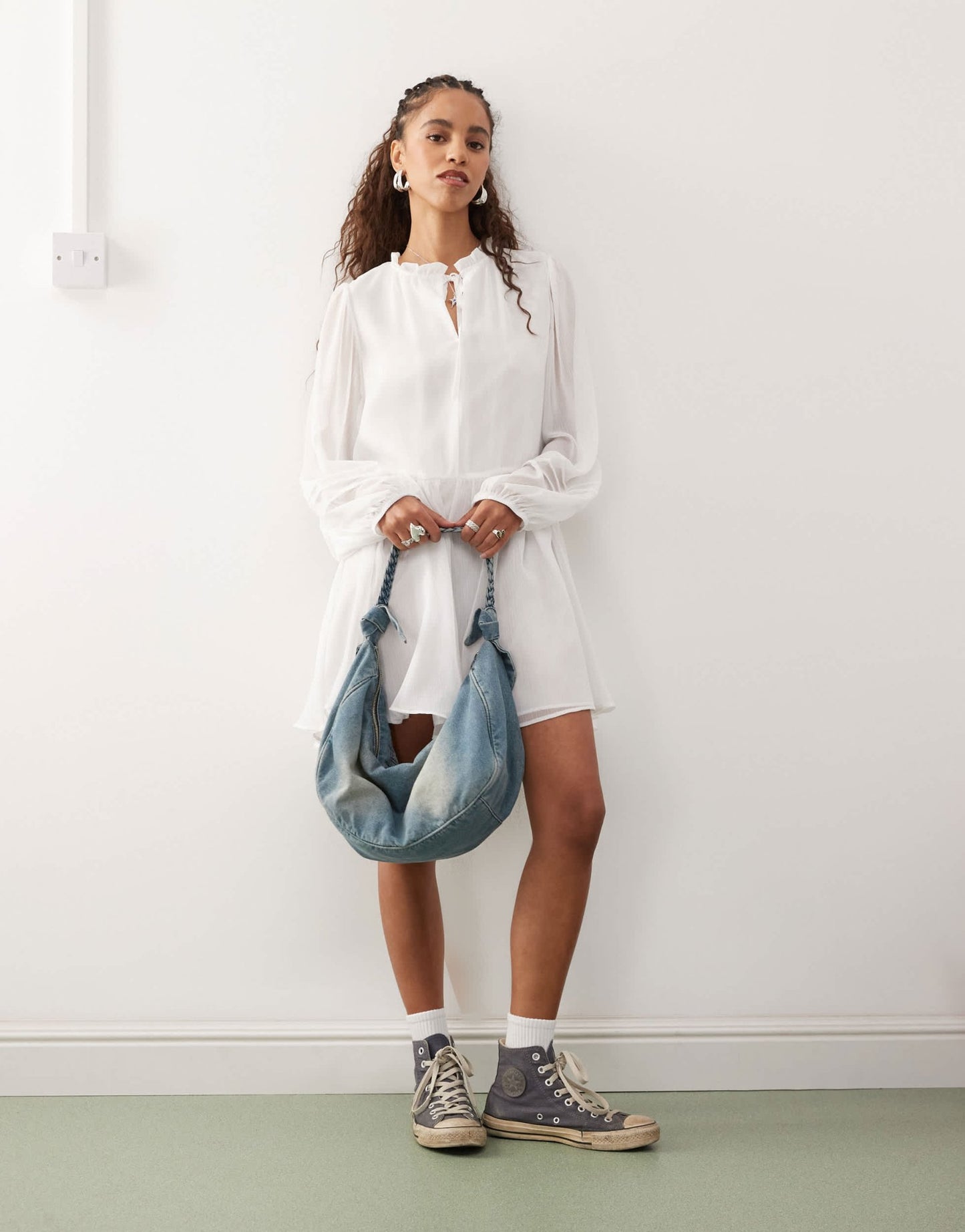 Reclaimed Vintage western mini smock dress with tie front collar in ivory - ASOS Sample Sale