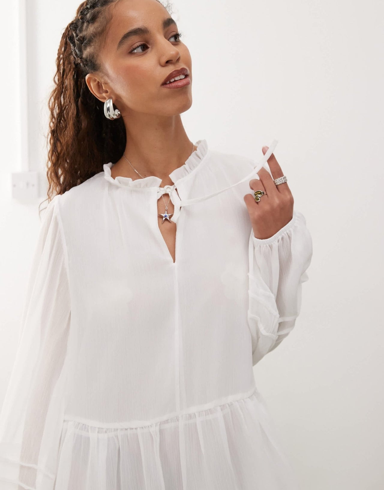 Reclaimed Vintage western mini smock dress with tie front collar in ivory - ASOS Sample Sale