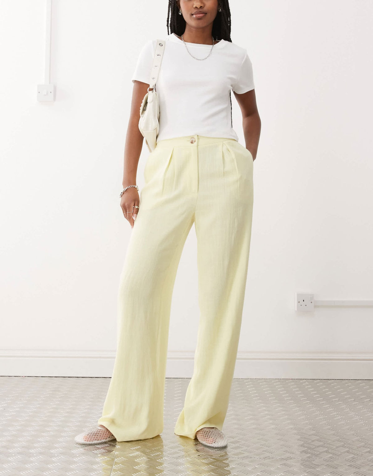 Reclaimed Vintage wide leg relaxed linen blend trouser in buttermilk yellow - ASOS Sample Sale