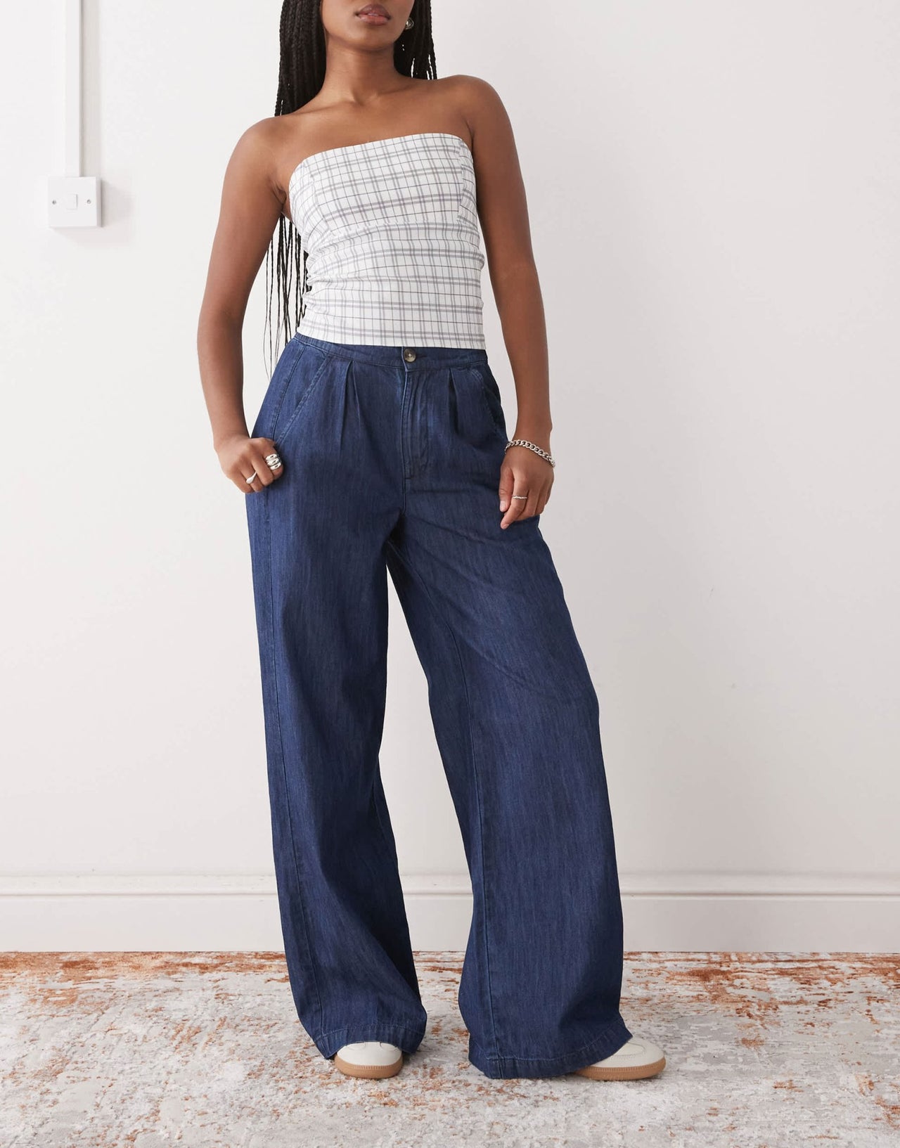 Reclaimed Vintage wide leg tailored trousers in chambray denim - ASOS Sample Sale