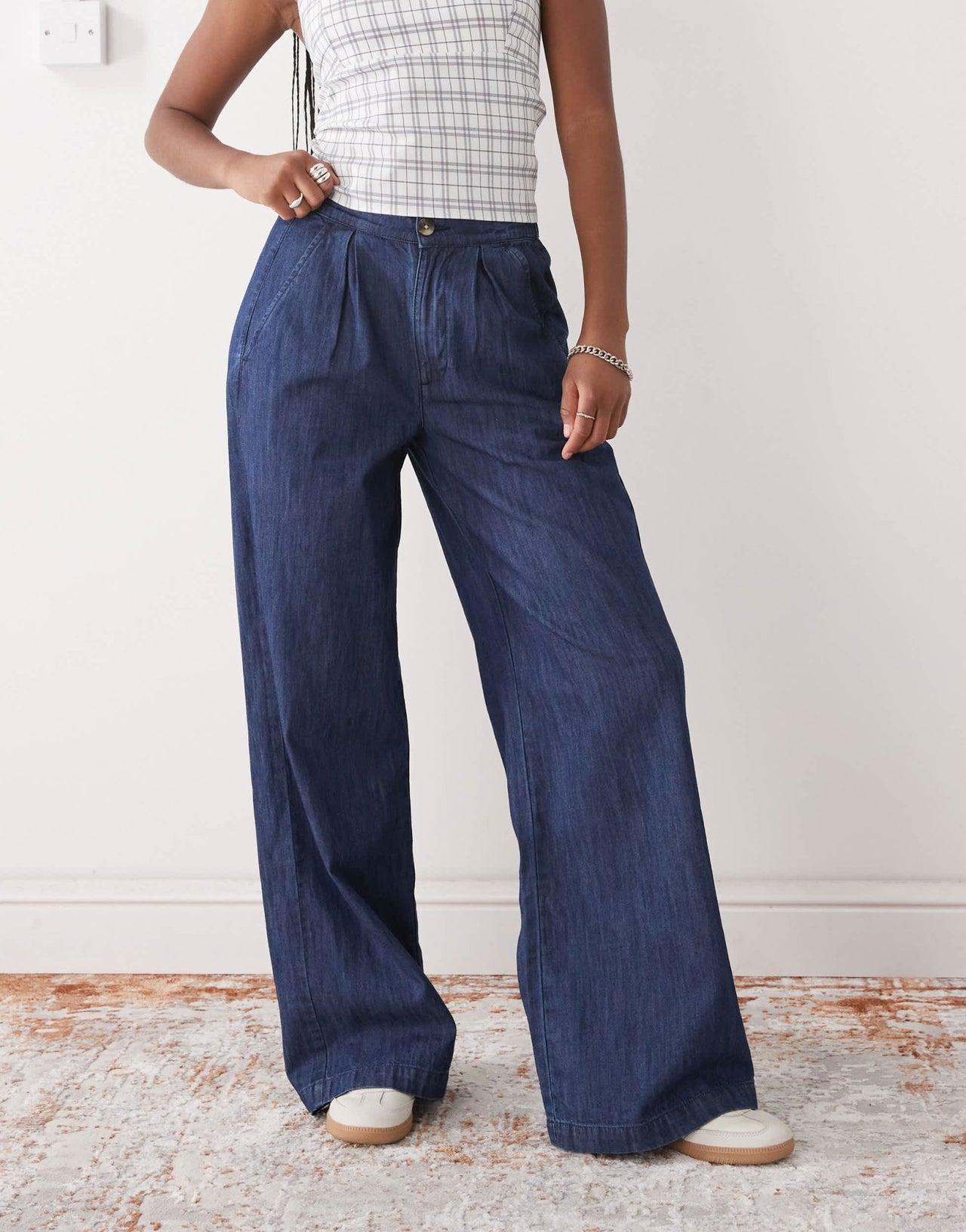 Reclaimed Vintage wide leg tailored trousers in chambray denim - ASOS Sample Sale