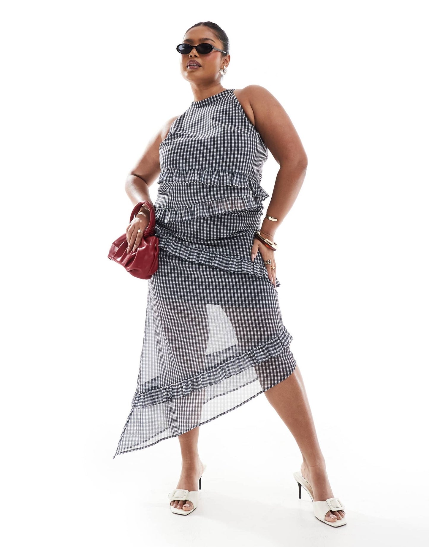 Renee Studio exclusive asymmetric ruffle trim midi skirt co-ord in grey check - ASOS Sample Sale