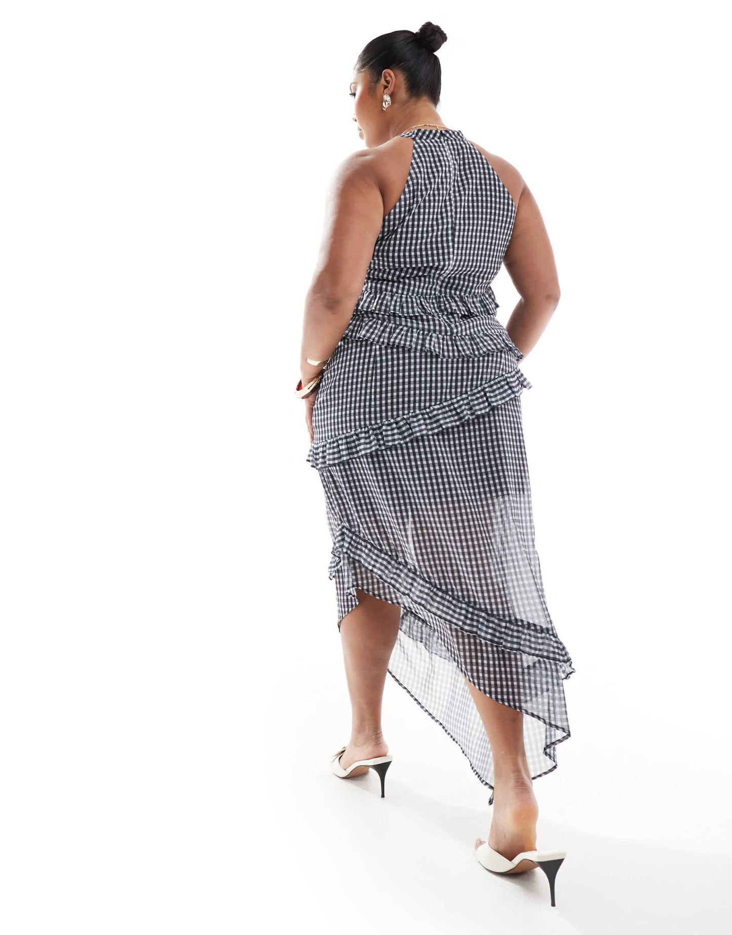 Renee Studio exclusive asymmetric ruffle trim midi skirt co-ord in grey check - ASOS Sample Sale