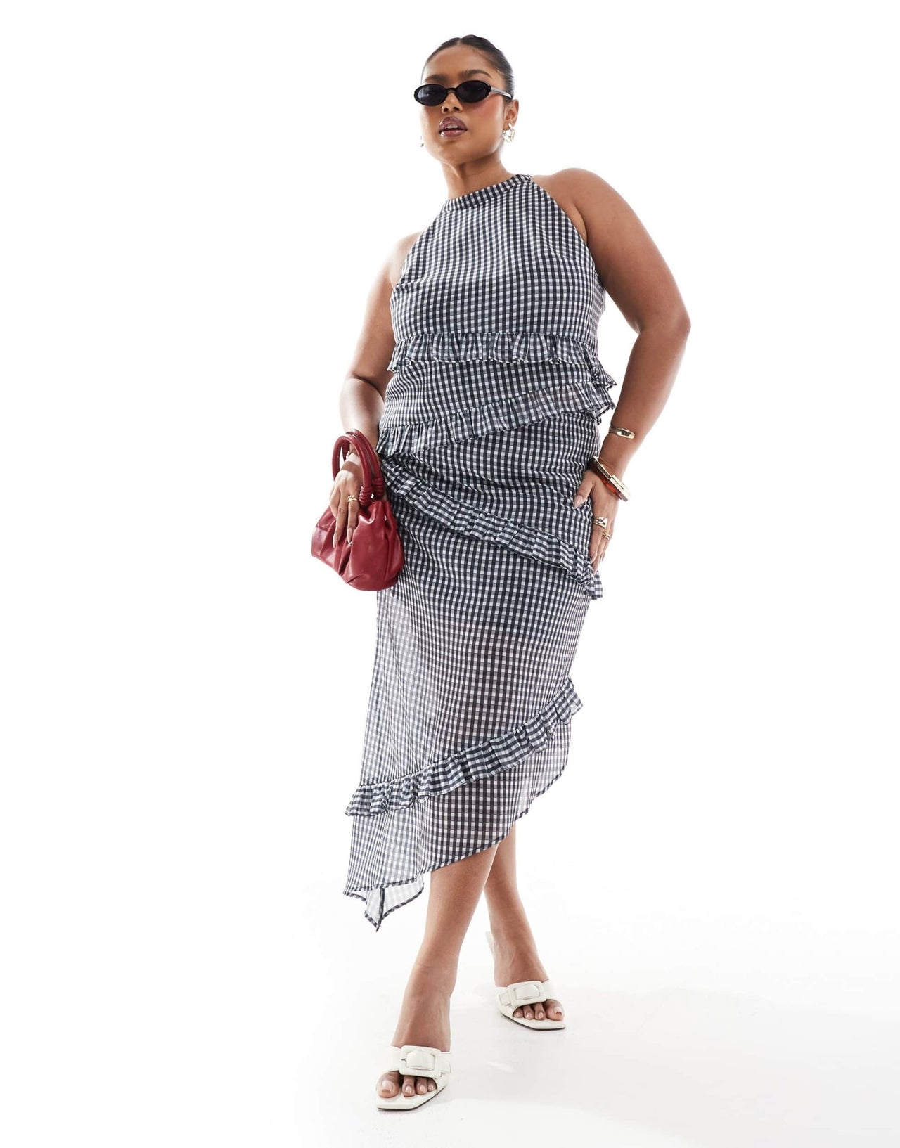 Renee Studio Plus exclusive asymmetric ruffle sleeveless halterneck top co - ord in grey check - ASOS Sample Sale