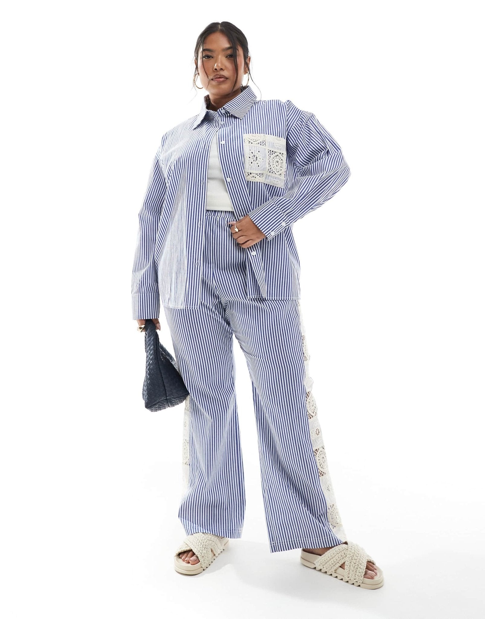 Renee Studio Plus exclusive button through tie back crochet detail shirt co - ord in blue and white stripe - ASOS Sample Sale