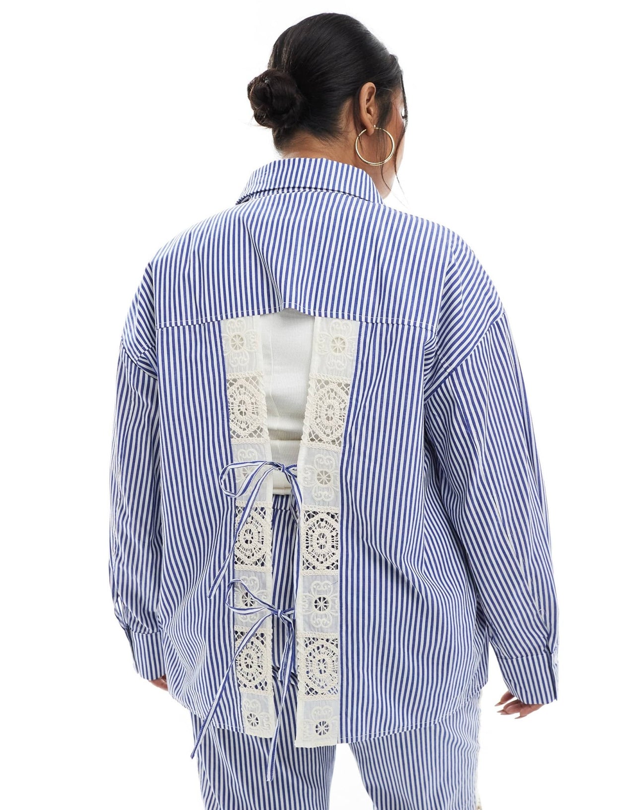 Renee Studio Plus exclusive button through tie back crochet detail shirt co - ord in blue and white stripe - ASOS Sample Sale