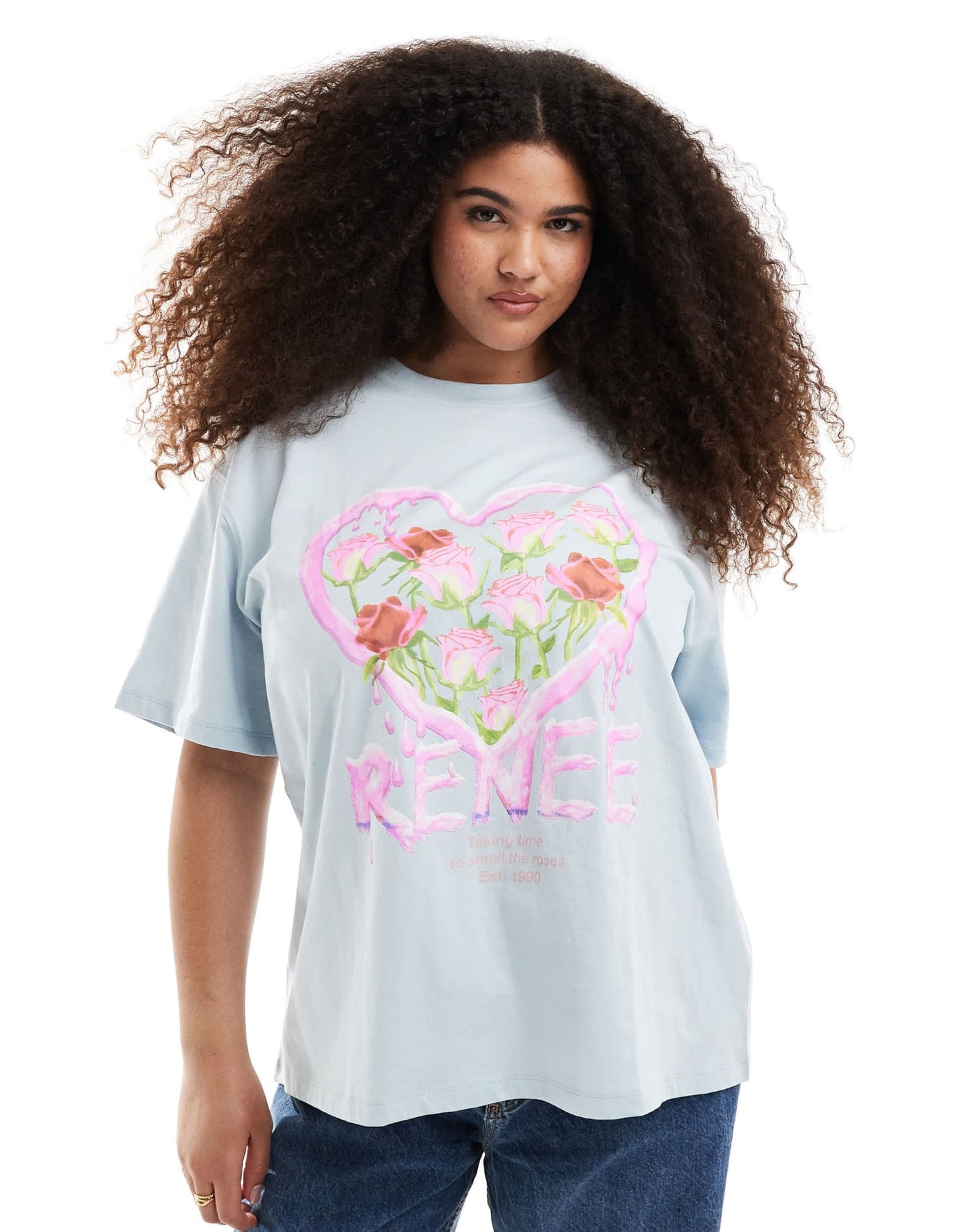 Renee Studio Plus exclusive crew neck rose heart graphic t-shirt in light blue - ASOS Sample Sale