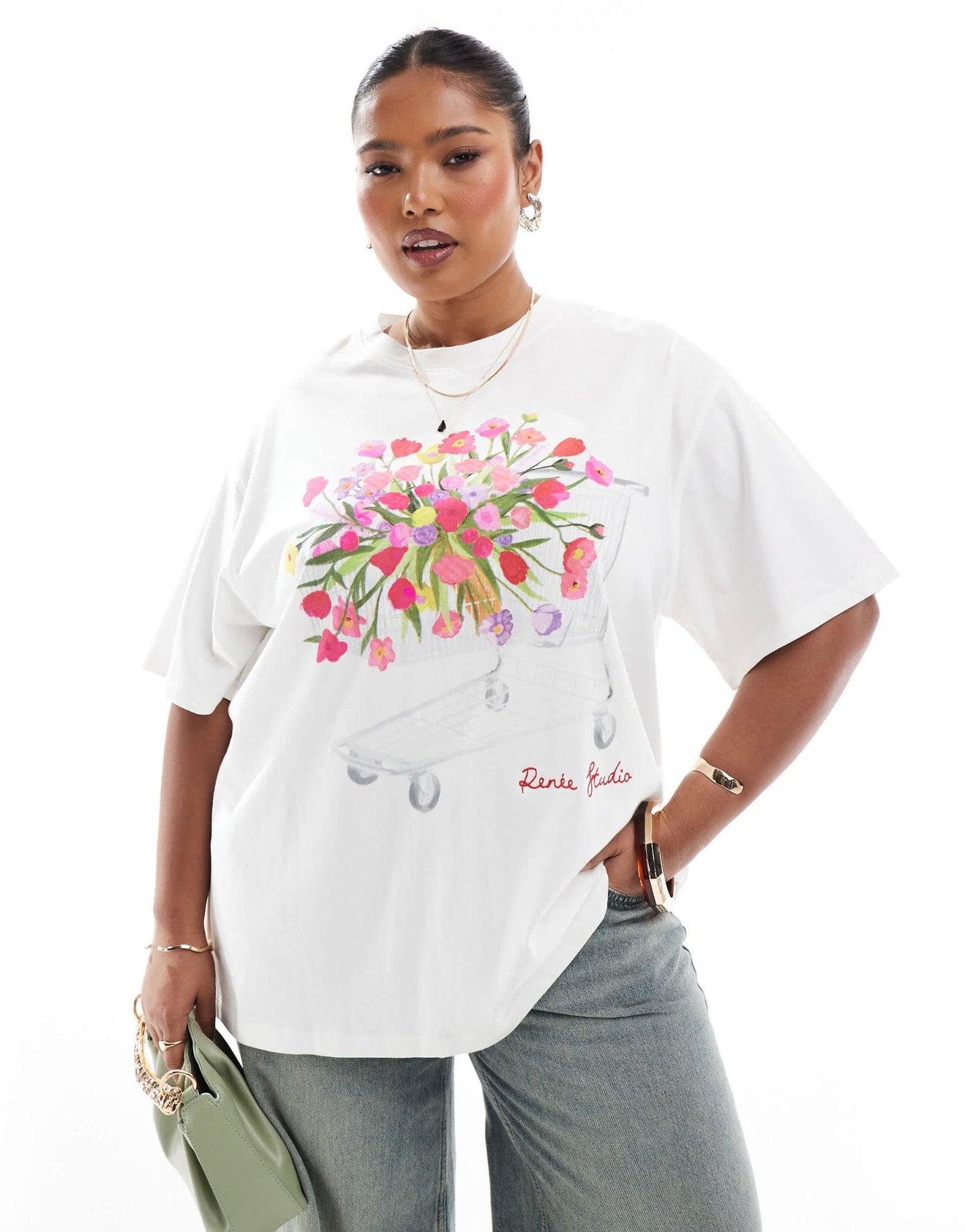 Renee Studio Plus exclusive crew neck trolley flower bouquet graphic t-shirt in cream - ASOS Sample Sale
