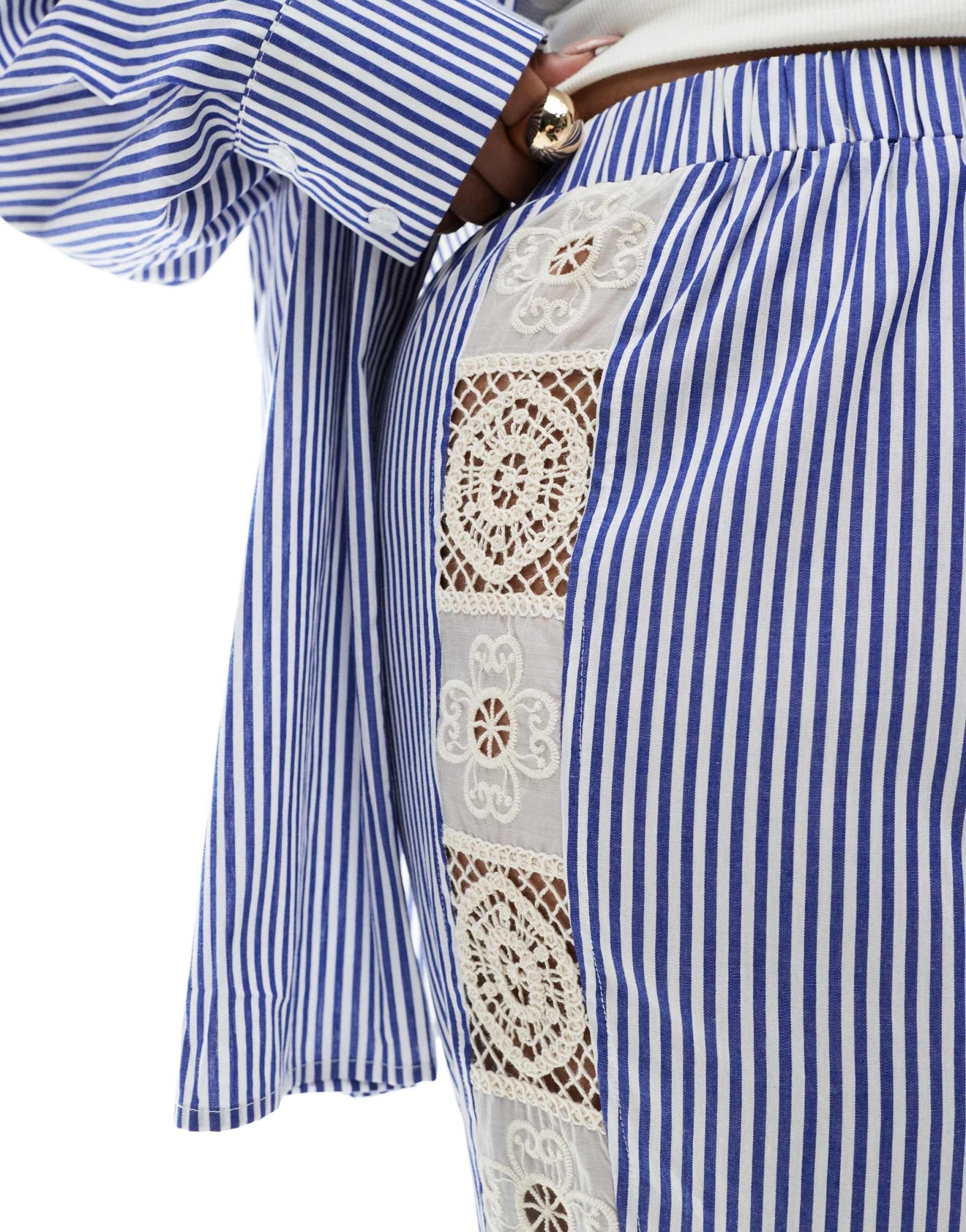 Renee Studio Plus exclusive crochet side panel wide leg trousers co - ord in blue and white stripe - ASOS Sample Sale