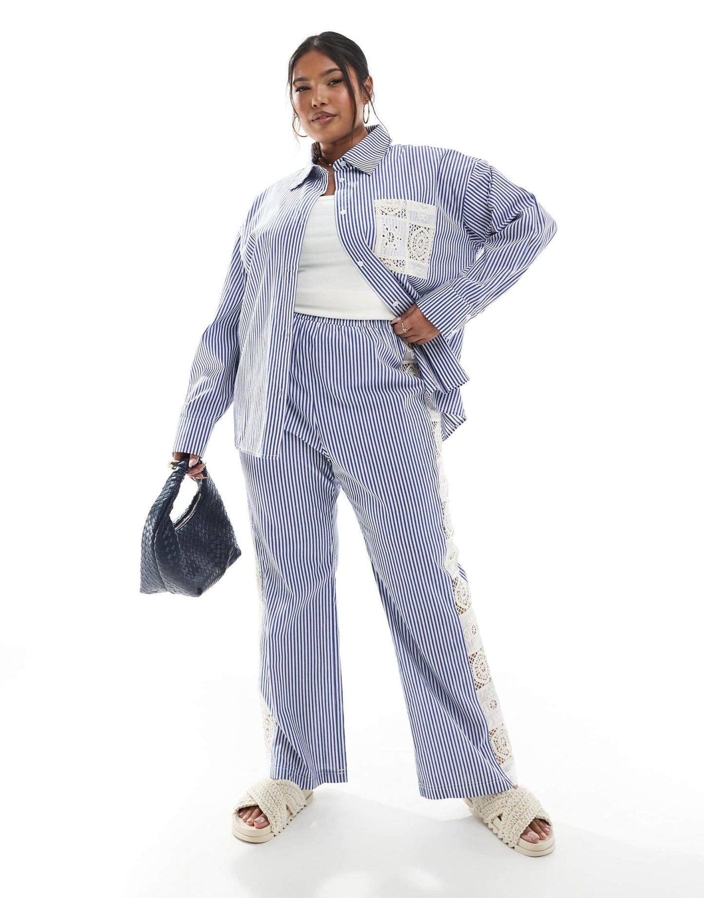 Renee Studio Plus exclusive crochet side panel wide leg trousers co - ord in blue and white stripe - ASOS Sample Sale