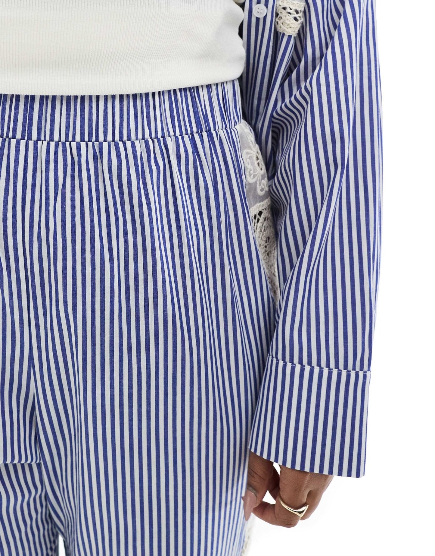 Renee Studio Plus exclusive crochet side panel wide leg trousers co - ord in blue and white stripe - ASOS Sample Sale