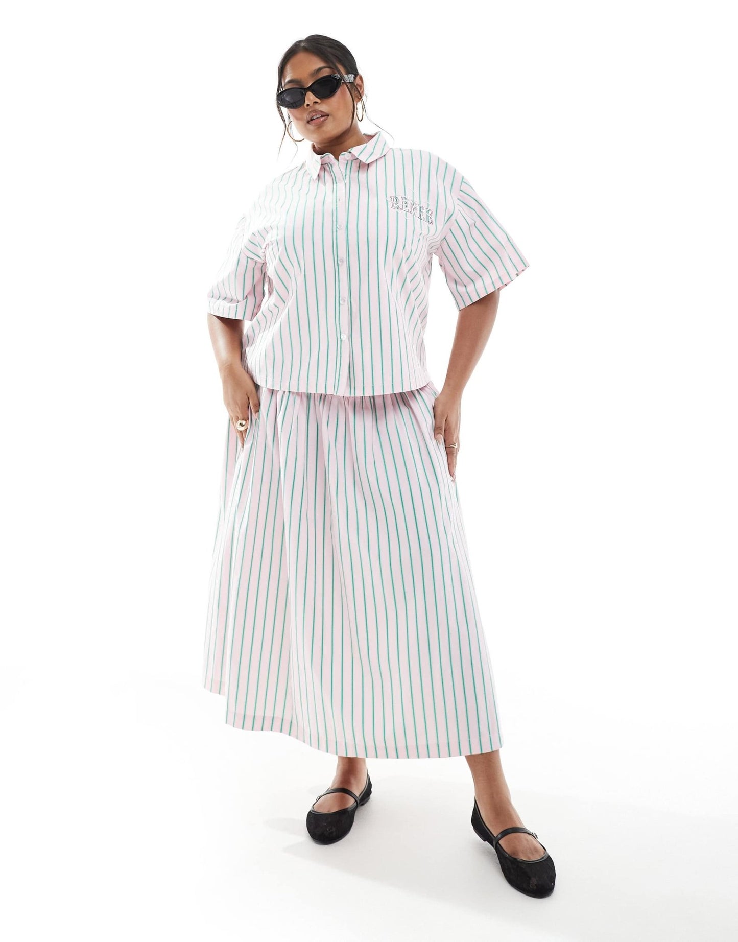 Renee Studio Plus exclusive cropped button down shirt co - ord in pink and green stripe - ASOS Sample Sale