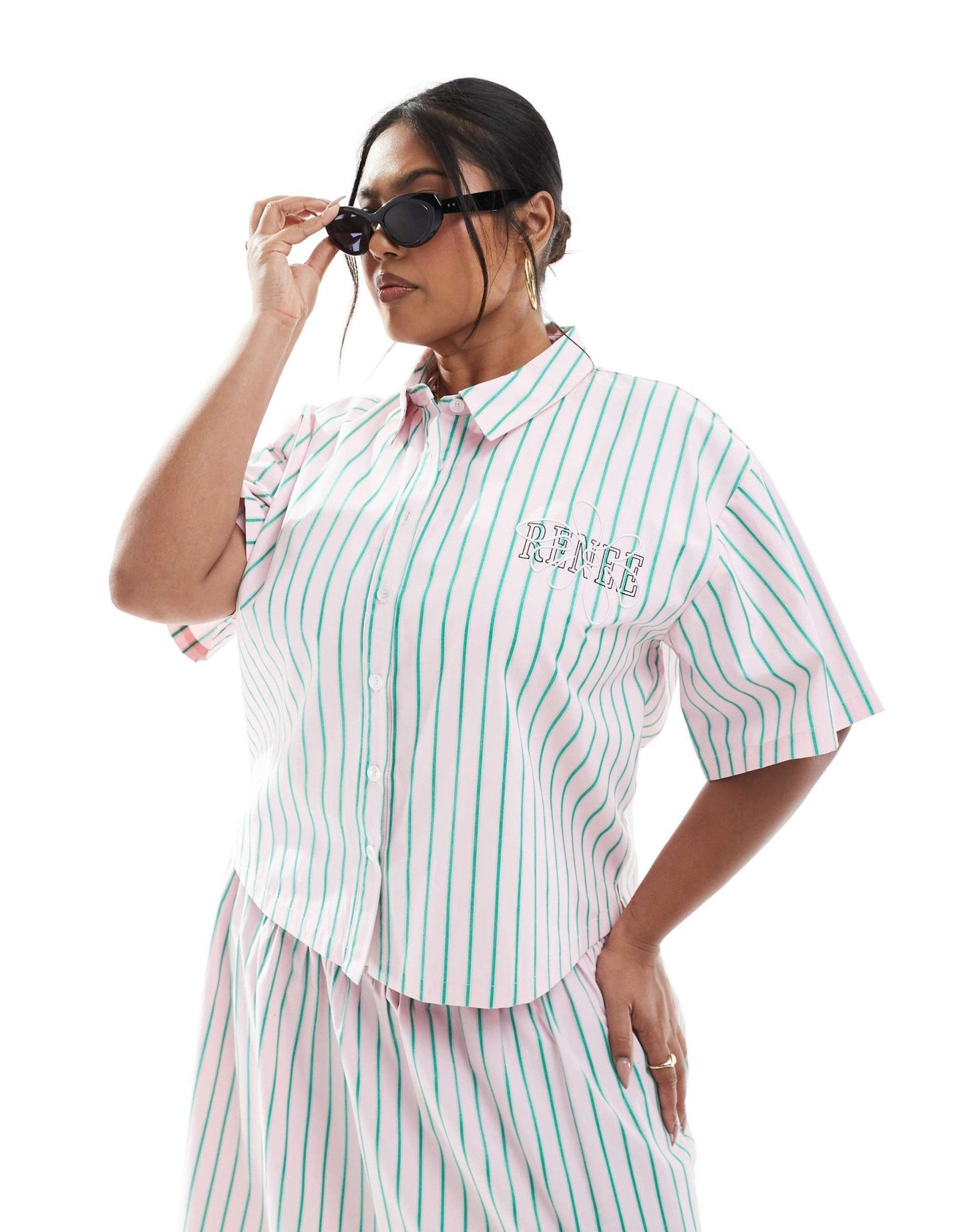 Renee Studio Plus exclusive cropped button down shirt co - ord in pink and green stripe - ASOS Sample Sale