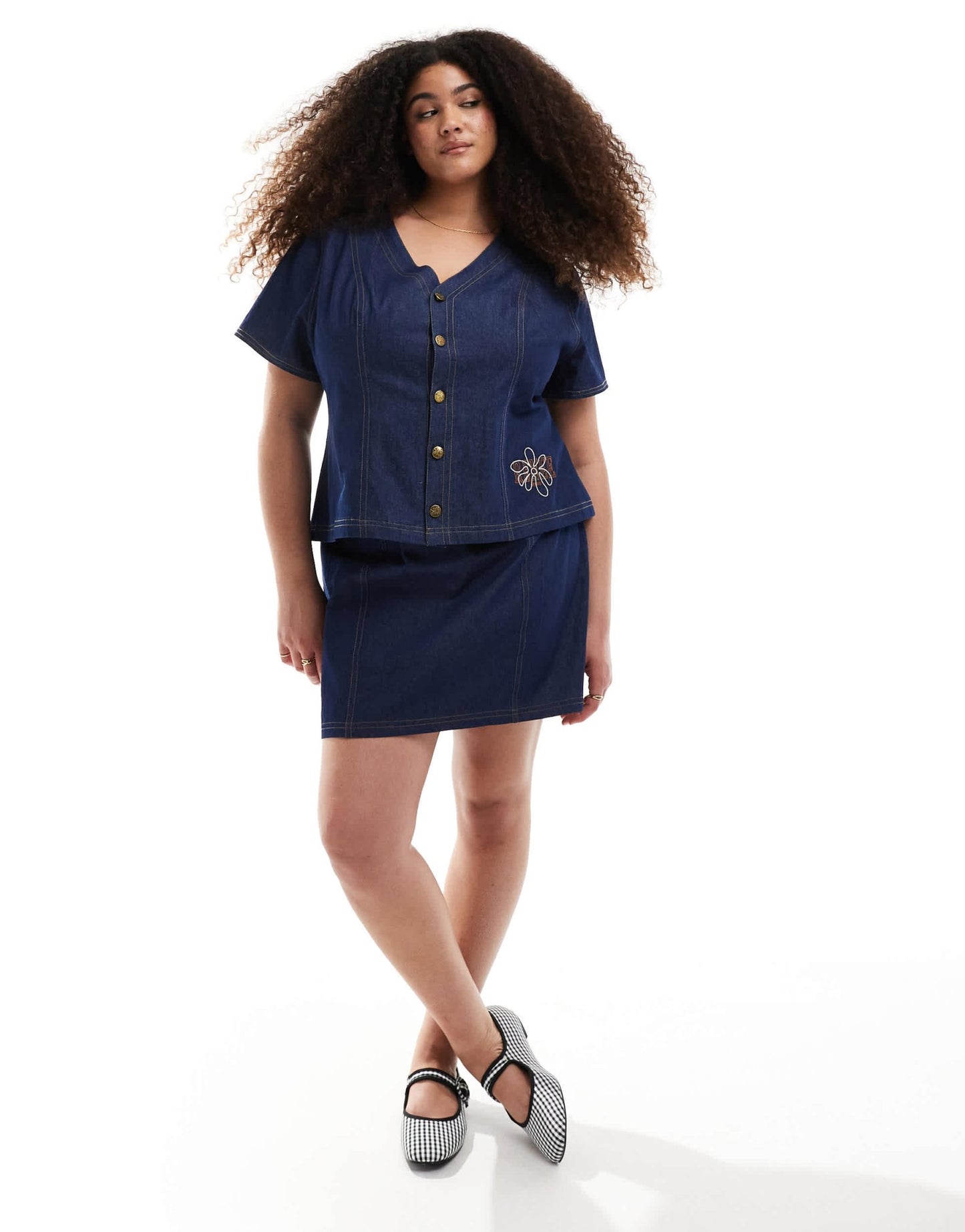 Renee Studio Plus exclusive denim button front short sleeve top co-ord in dark wash blue - ASOS Sample Sale