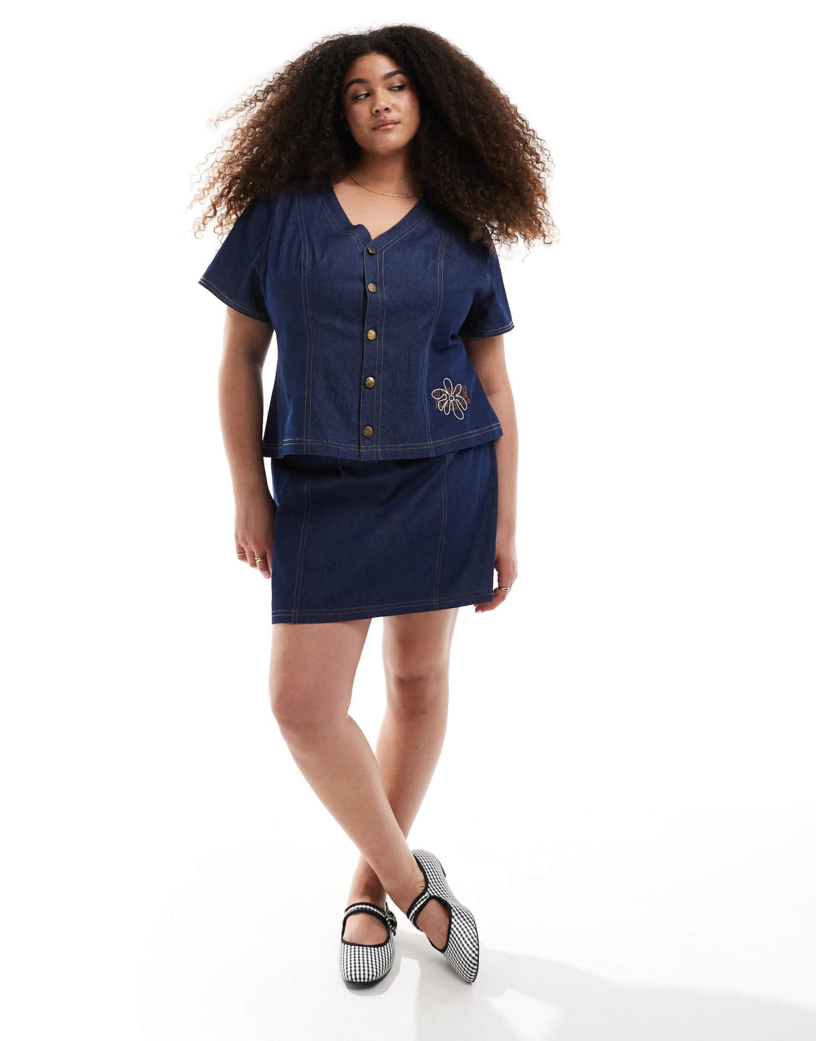 Renee Studio Plus exclusive denim button front short sleeve top co-ord in dark wash blue - ASOS Sample Sale