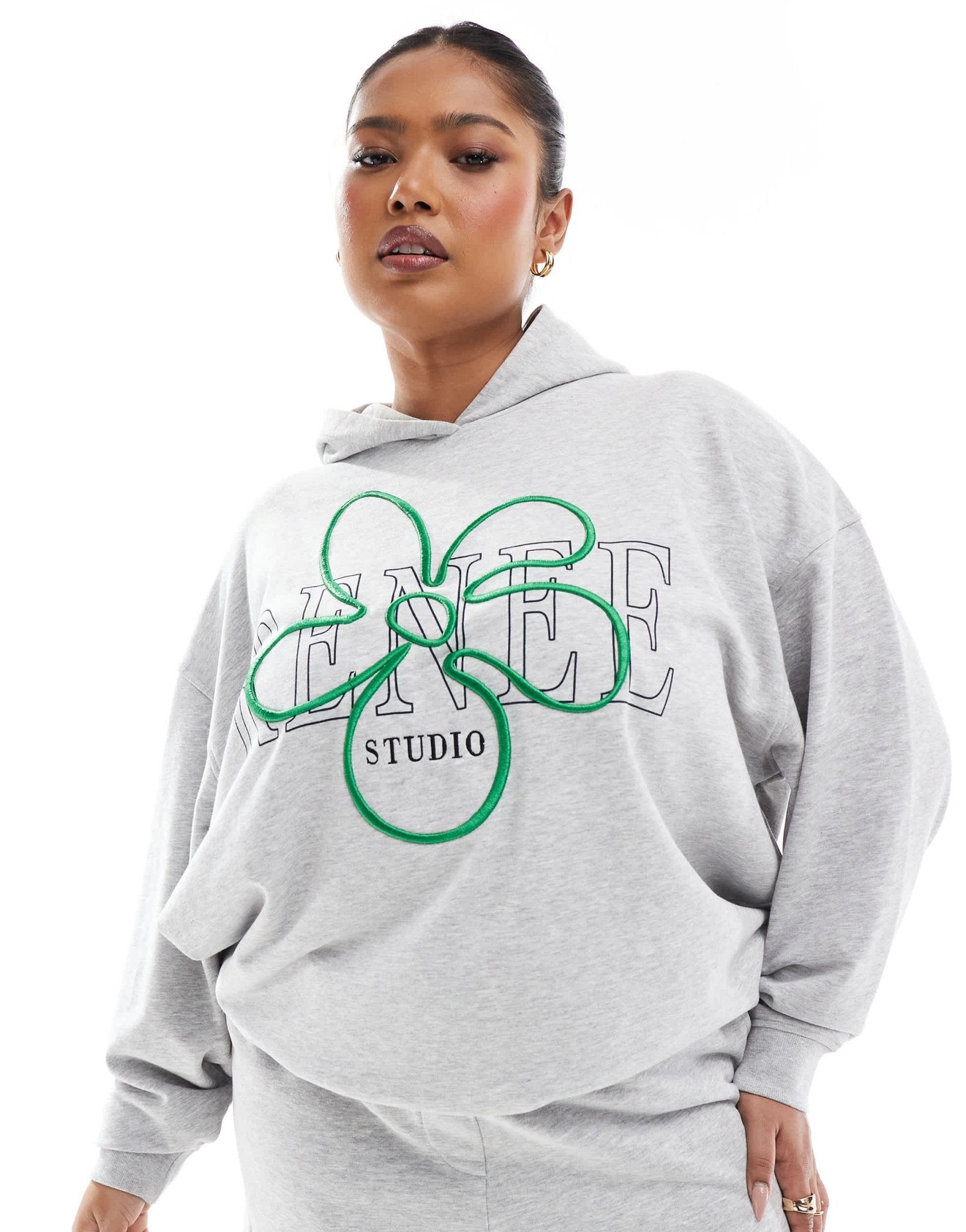 Renee Studio Plus exclusive embroidered flower logo oversized hoodie co-ord in grey - ASOS Sample Sale